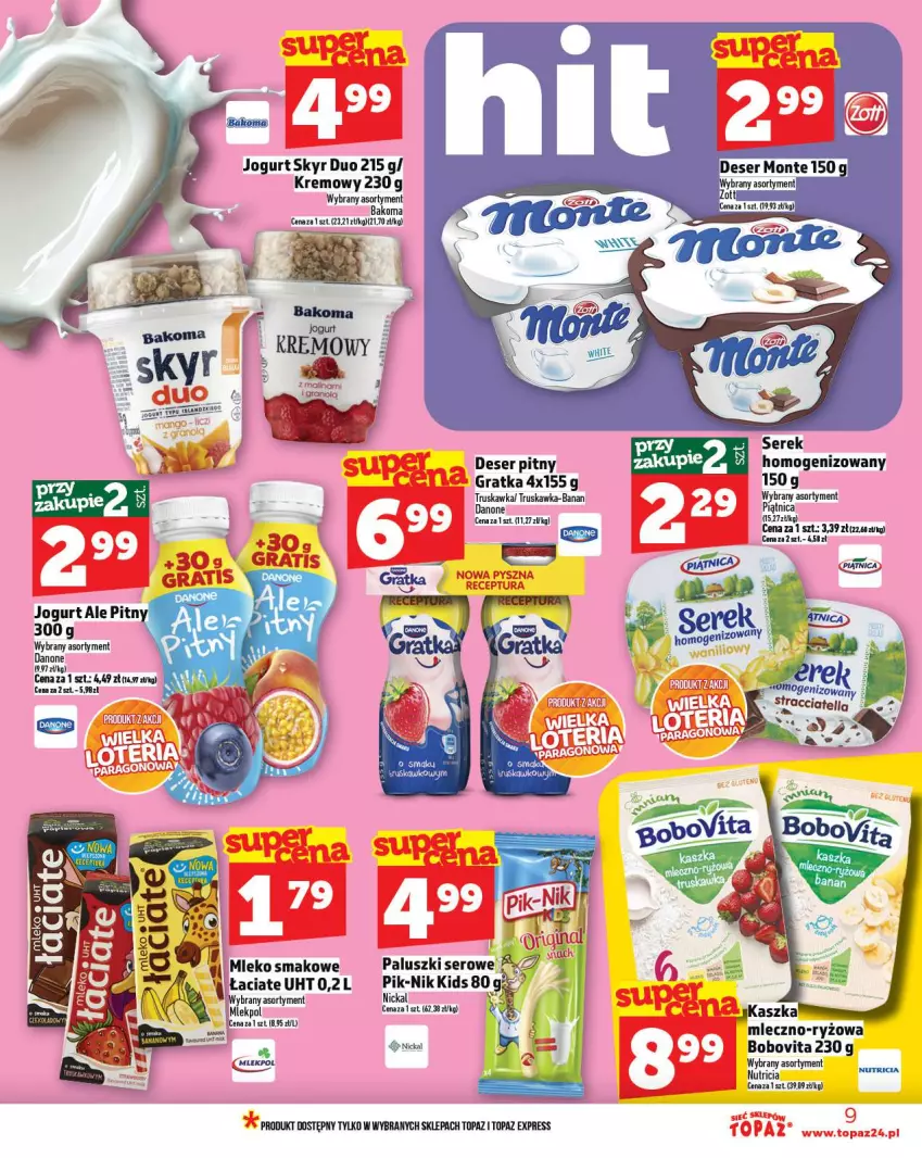 Gazetka promocyjna Topaz - Gazetka - ważna 04.09 do 10.09.2025 - strona 9 - produkty: Bakoma, BoboVita, Danone, Deser, Fa, Gra, Jogurt, Mleko, Mleko smakowe, Ryż, Ser, Serek, Top