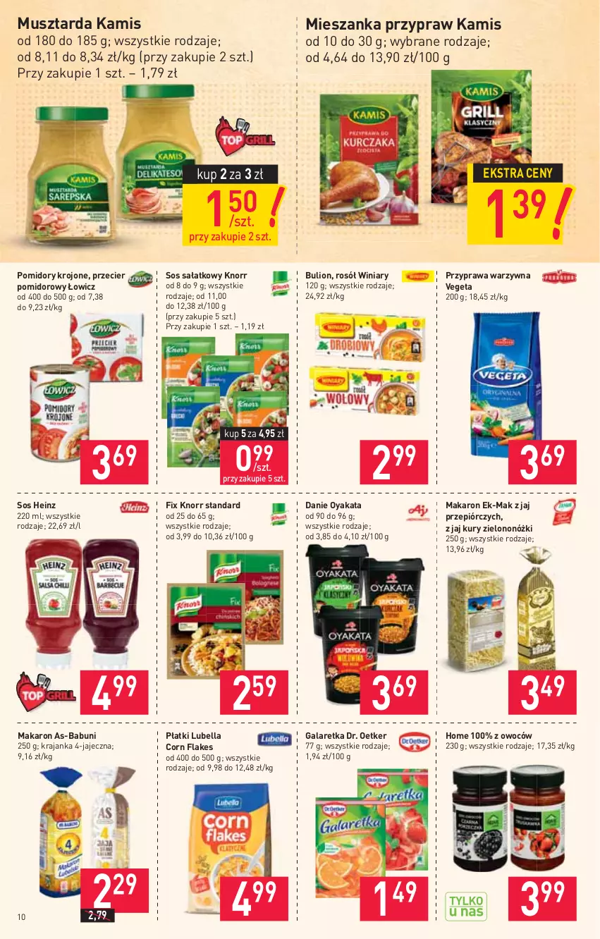 Gazetka promocyjna Stokrotka - Supermarket - ważna 10.06 do 16.06.2021 - strona 10 - produkty: Babuni, Bell, Bella, Bulion, Corn flakes, Dr. Oetker, Gala, Galaretka, Heinz, Kamis, Knorr, Lion, Lubella, Makaron, Mus, Musztarda, Pomidory, Pomidory krojone, Rosół, Sałat, Sos, Vegeta, Winiary