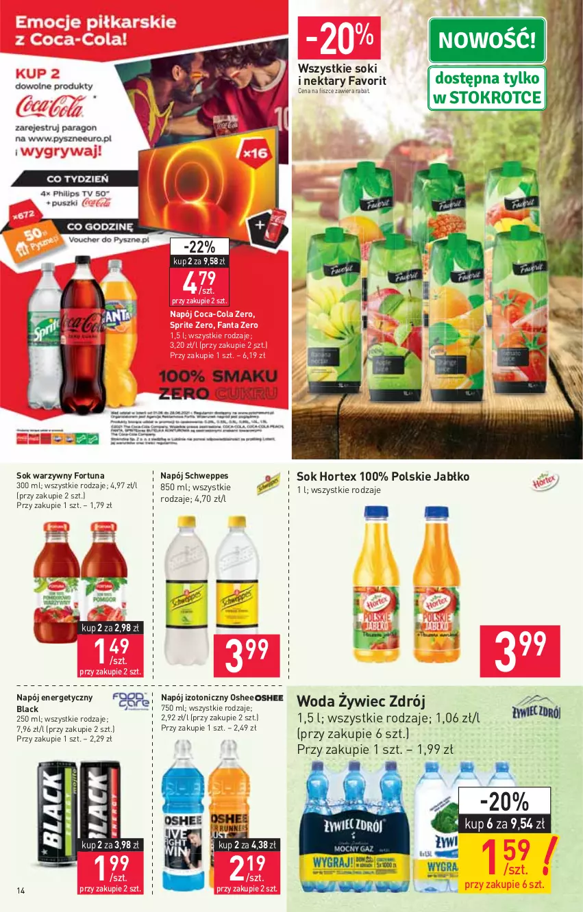 Gazetka promocyjna Stokrotka - Supermarket - ważna 10.06 do 16.06.2021 - strona 14 - produkty: Coca-Cola, Fa, Fanta, Fortuna, Hortex, Lack, Napój, Napój energetyczny, Napój izotoniczny, Nektar, Oshee, Schweppes, Sok, Sprite, Woda