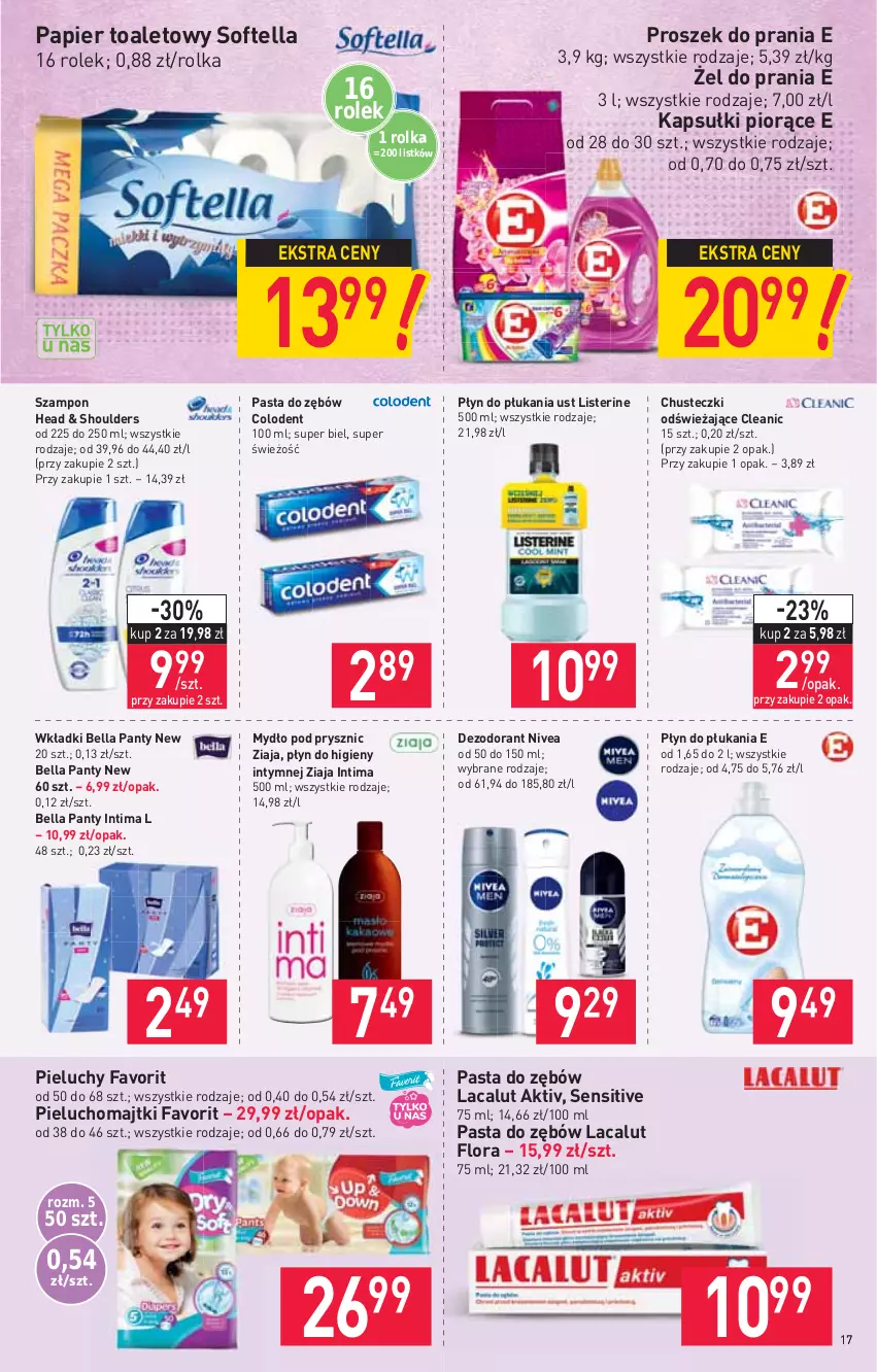 Gazetka promocyjna Stokrotka - Supermarket - ważna 10.06 do 16.06.2021 - strona 17 - produkty: Bell, Bella, Chusteczki, Cleanic, Dezodorant, Fa, Flora, Lacalut, Listerine, Majtki, Mydło, Nivea, Papier, Papier toaletowy, Pasta do zębów, Pieluchomajtki, Pieluchy, Płyn do higieny intymnej, Płyn do płukania, Proszek do prania, Szampon, Wkładki, Ziaja