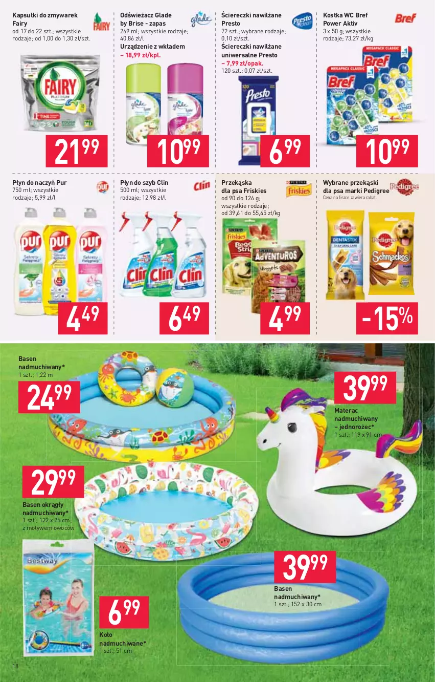 Gazetka promocyjna Stokrotka - Supermarket - ważna 10.06 do 16.06.2021 - strona 18 - produkty: Bref, Clin, Fa, Fairy, Friskies, Jednorożec, Materac, Pedigree, Płyn do szyb, Presto, Przekąski dla psa, Pur, Tera