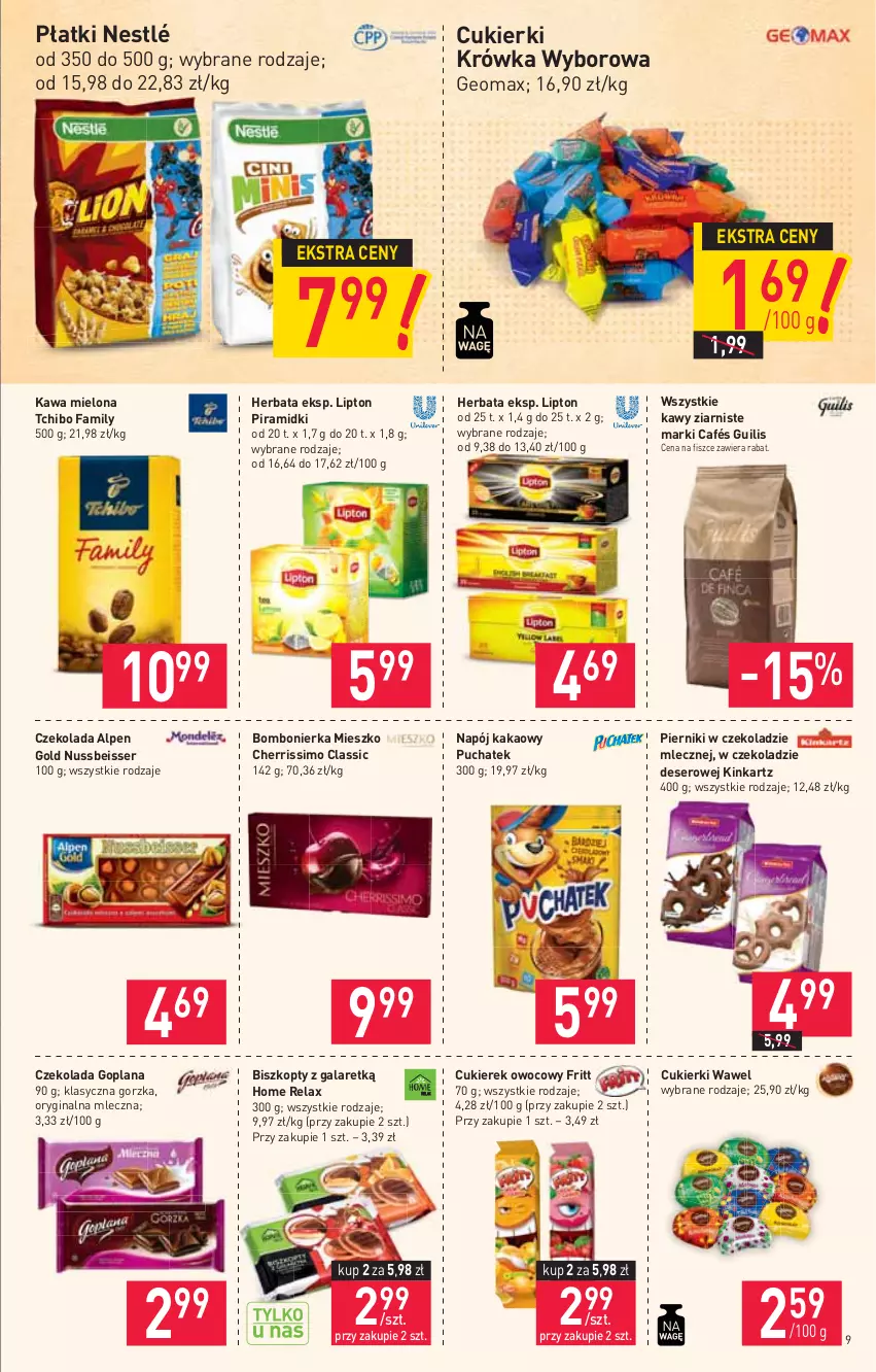 Gazetka promocyjna Stokrotka - Supermarket - ważna 10.06 do 16.06.2021 - strona 9 - produkty: Biszkopty, Cukier, Cukierki, Czekolada, Deser, Fa, Gala, Gin, Goplana, Herbata, Inka, Kakao, Kawa, Kawa mielona, LANA, Lipton, Napój, Nestlé, Piernik, Pierniki w czekoladzie, Ser, Tchibo, Tchibo Family, Wawel, Wyborowa