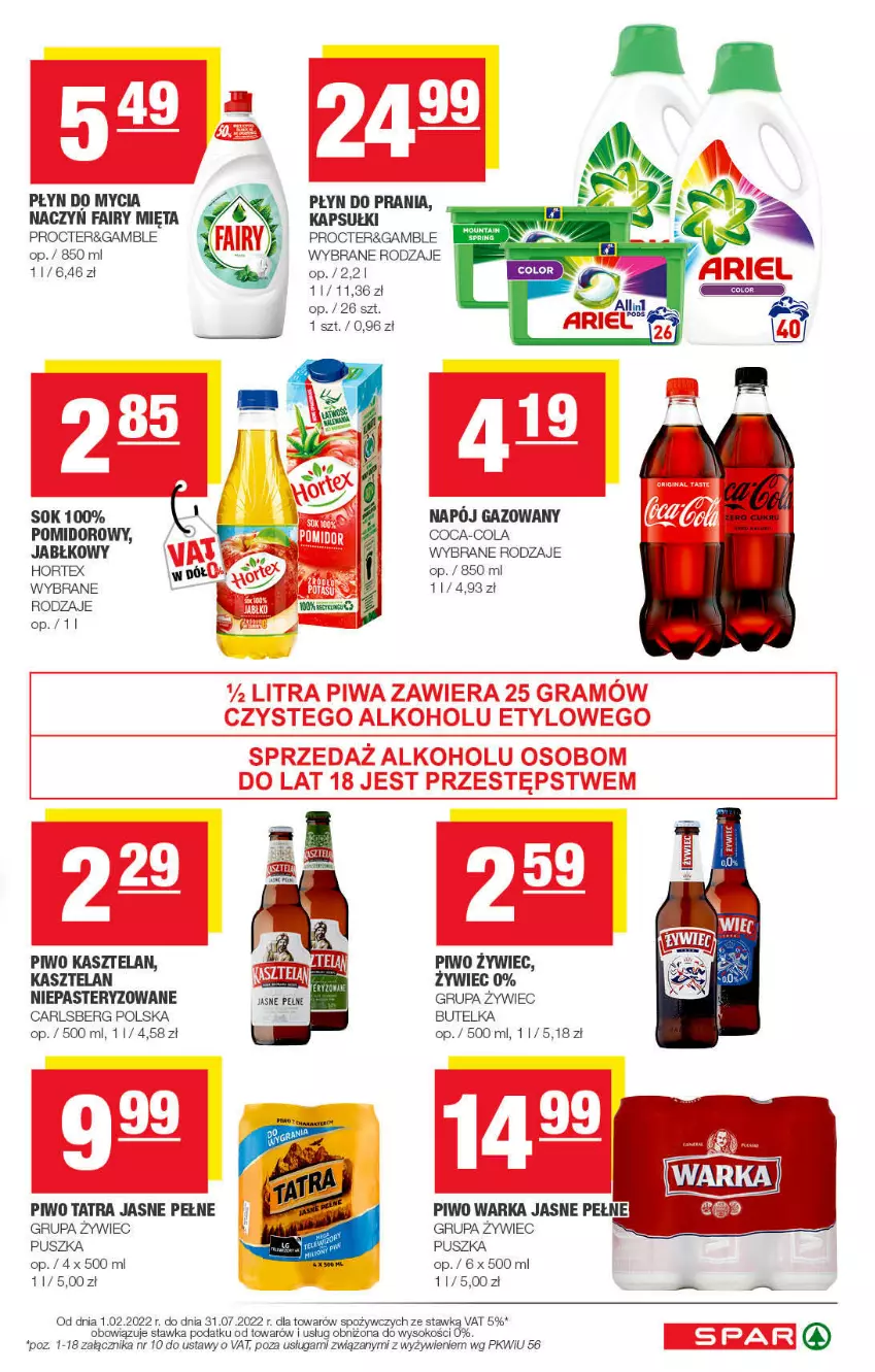 Gazetka promocyjna Spar - Spar - ważna 30.01 do 12.02.2022 - strona 11 - produkty: Carlsberg, Coca-Cola, Fa, Fairy, Hortex, Kasztelan, Mięta, Piwo, Płyn do mycia, Płyn do prania, Sok, Tatra, Warka