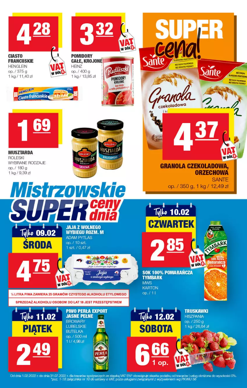 Gazetka promocyjna Spar - Spar - ważna 30.01 do 12.02.2022 - strona 7 - produkty: Gra, Granola, Heinz, Jaja, Jaja z wolnego wybiegu, Mus, Musztarda, Perła, Piwo, Pomidory, Por, Sante, Sok, Truskawki, Tymbark