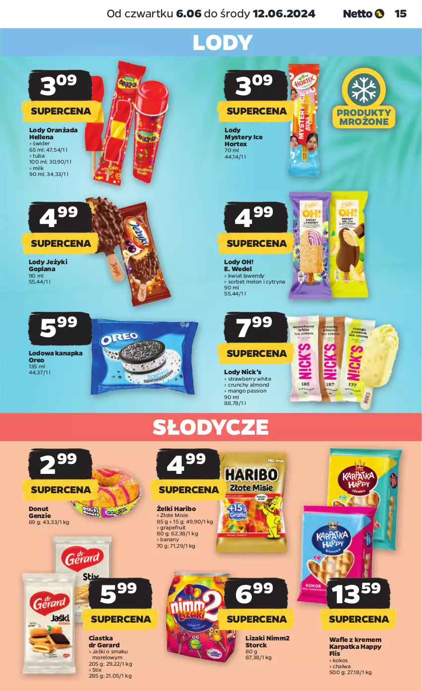 Gazetka promocyjna Netto - Od Czwartku - ważna 06.06 do 12.06.2024 - strona 15 - produkty: Banany, Chałwa, Ciastka, Donut, Dr Gerard, E. Wedel, Goplana, Gra, Haribo, Hellena, Hortex, Jeżyki, Karp, Kokos, LANA, Lizaki, Lody, Mango, Melon, Nimm2, Oranżada, Oreo, Produkty mrożone, Wafle