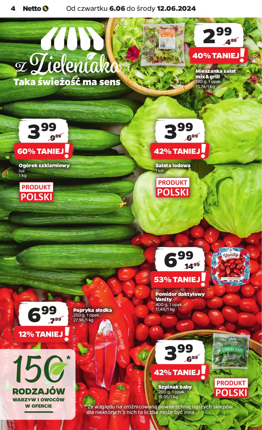 Gazetka promocyjna Netto - Od Czwartku - ważna 06.06 do 12.06.2024 - strona 4 - produkty: Grill, Mieszanka sałat, Ogórek, Papryka, Papryka słodka, Sałat, Sałata lodowa, Szpinak