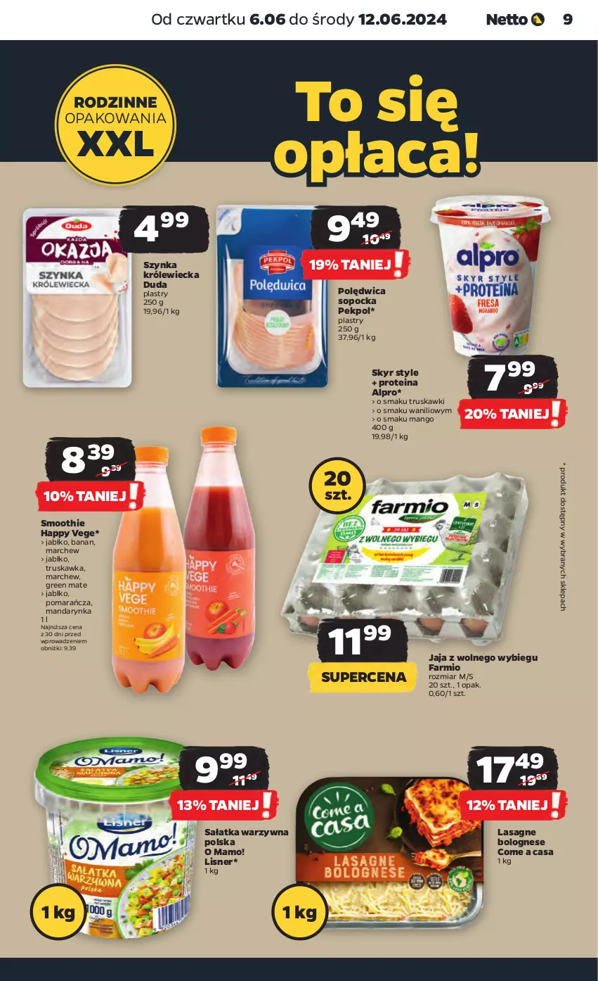 Gazetka promocyjna Netto - Od Czwartku - ważna 06.06 do 12.06.2024 - strona 9 - produkty: Alpro, Duda, Fa, Jaja, Jaja z wolnego wybiegu, Lasagne, Lasagne bolognese, Lisner, Mango, Pekpol, Polędwica, Sałat, Sałatka, Sałatka warzywna, Smoothie, Szynka, Truskawki