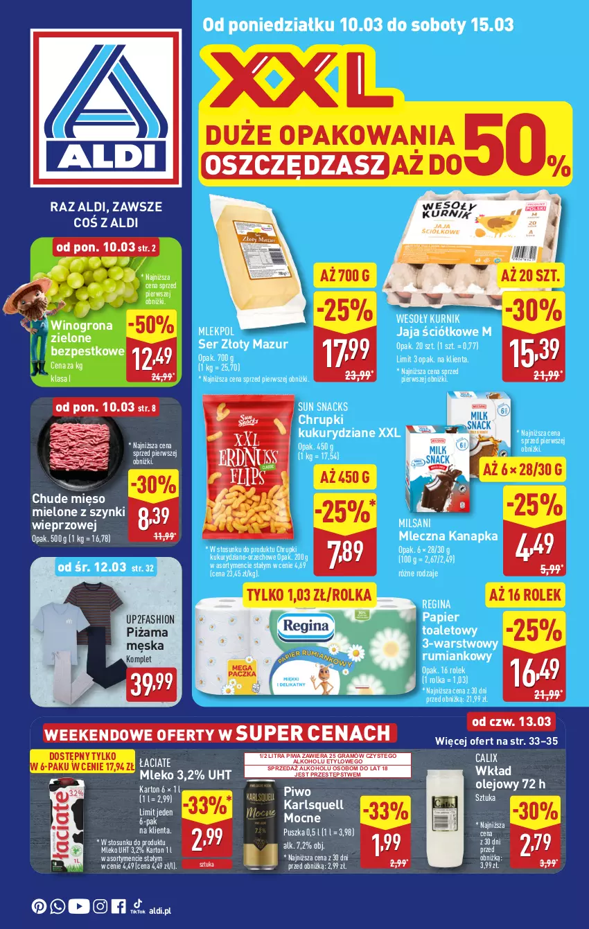 Gazetka promocyjna Aldi - Pełna oferta - ważna 10.03 do 15.03.2025 - strona 1 - produkty: Chrupki, Fa, Gin, Gra, Jaja, Karlsquell, Mięso, Mięso mielone, Mięso mielone z szynki, Mleczna kanapka, Mleko, Olej, Papier, Papier toaletowy, Piwa, Piwo, Piżama, Rum, Ser, Wino, Winogrona, Wkład olejowy, Złoty Mazur