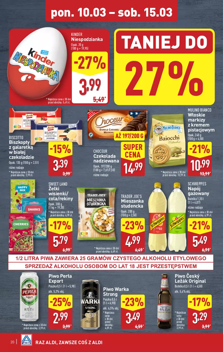 Gazetka promocyjna Aldi - Pełna oferta - ważna 10.03 do 15.03.2025 - strona 20 - produkty: Biszkopty, Czekolada, Czekolada nadziewana, Gala, Gin, Gra, Kinder, Mieszanka studencka, Napój, Napój gazowany, Perła, Piwa, Piwo, Por, Schweppes, Warka