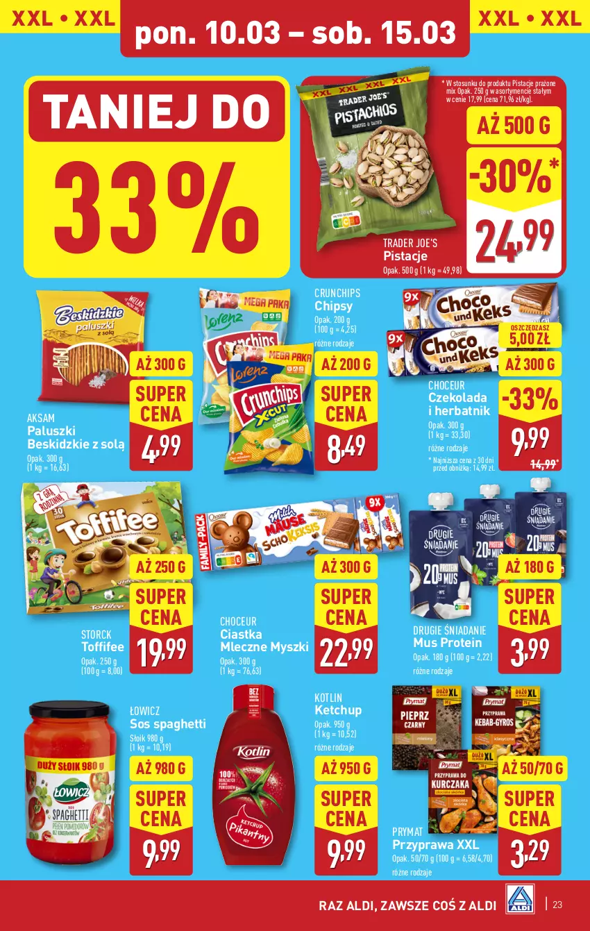 Gazetka promocyjna Aldi - Pełna oferta - ważna 10.03 do 15.03.2025 - strona 23 - produkty: Aksam, Beskidzki, Chipsy, Ciastka, Crunchips, Czekolada, Ketchup, Kotlin, Mus, Mysz, Pistacje, Prymat, Sos, Spaghetti, Toffifee