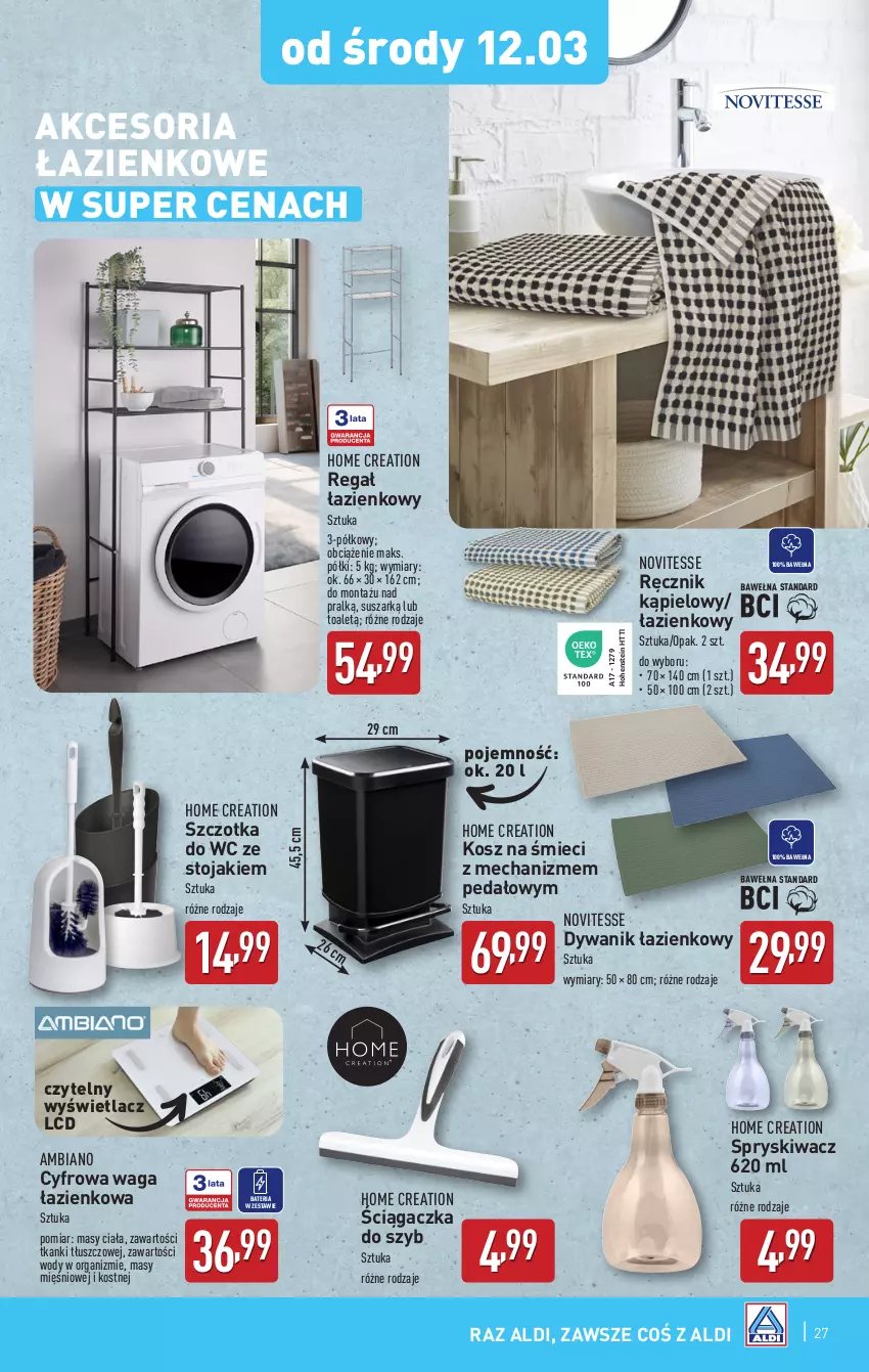 Gazetka promocyjna Aldi - Pełna oferta - ważna 10.03 do 15.03.2025 - strona 27 - produkty: Bateria, Dywan, Dywanik, Dywanik łazienkowy, Kosz, Ręcznik, Ręcznik kąpielowy, Regał, Stojak, Szczotka, Szczotka do WC, Waga, Waga łazienkowa, Wełna