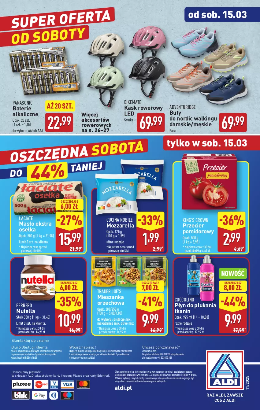 Gazetka promocyjna Aldi - Pełna oferta - ważna 10.03 do 15.03.2025 - strona 40 - produkty: Baterie alkaliczne, Biuro, Buty, Coccolino, Ferrero, Kask, Masło, Mieszanka orzechowa, Mozzarella, Nutella, O nas, Panasonic, Pistacje, Płyn do płukania, Por, Rower