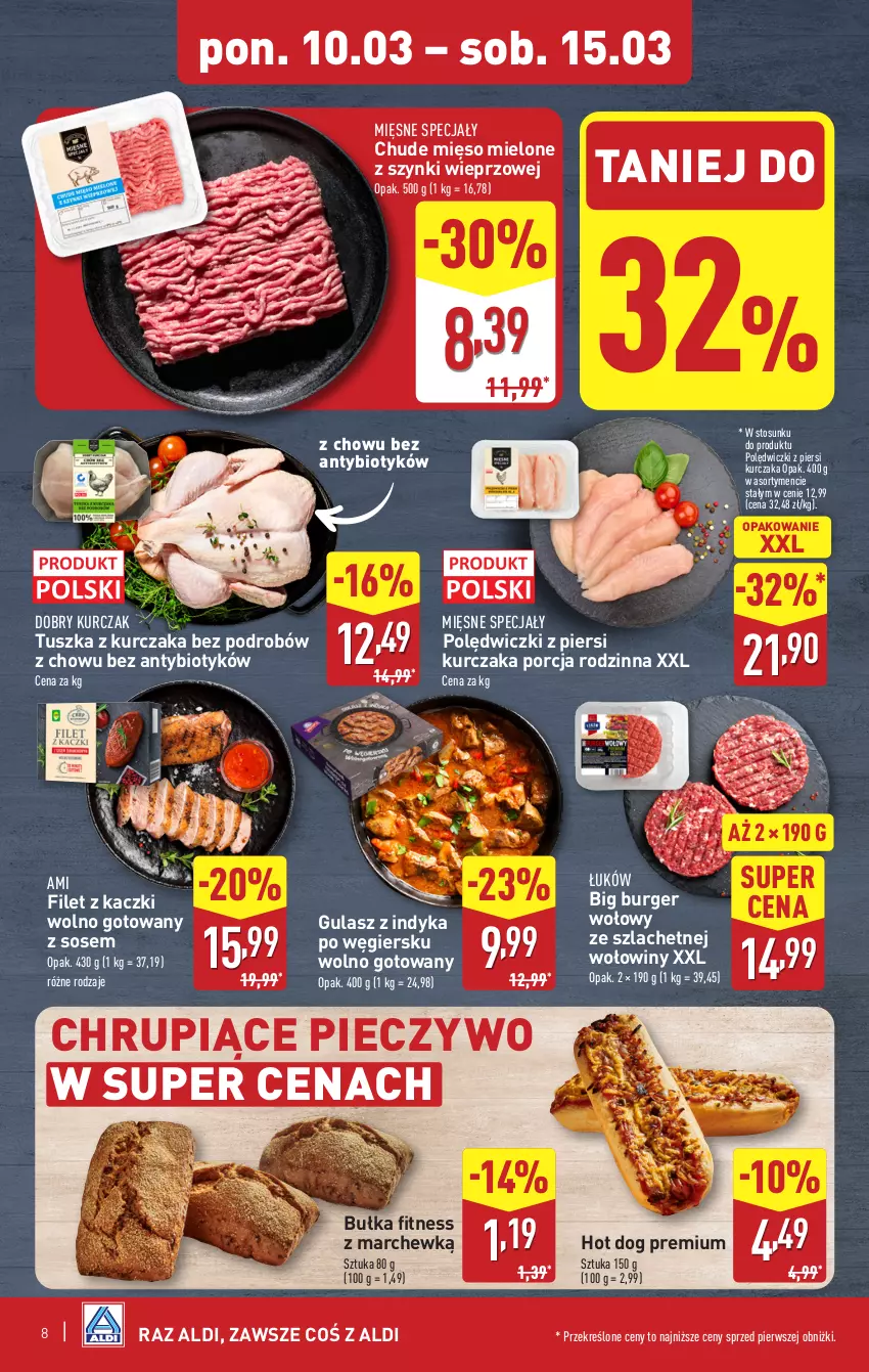 Gazetka promocyjna Aldi - Pełna oferta - ważna 10.03 do 15.03.2025 - strona 8 - produkty: Bułka, Bułka fitness, Burger, Hot dog, Kurczak, Mięsne specjały, Mięso, Mięso mielone, Mięso mielone z szynki, Piec, Pieczywo, Por, Sos, Tusz