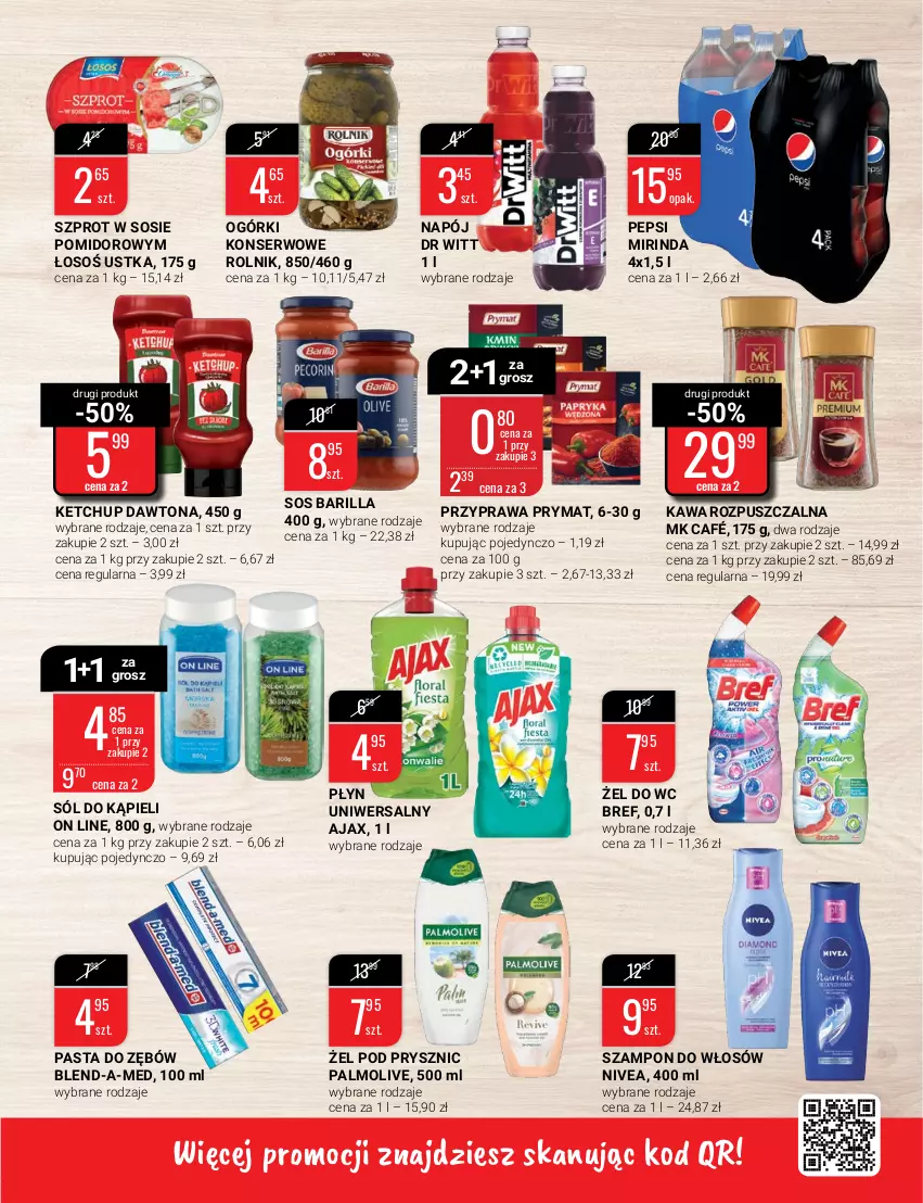 Gazetka promocyjna Bi1 - Stawiamy na wagę - ważna 19.01 do 25.01.2022 - strona 13 - produkty: Ajax, Barilla, Blend-a-Med, Bref, Dawtona, Kawa, Kawa rozpuszczalna, Ketchup, Mirinda, Napój, Nivea, Ogórki konserwowe, Palmolive, Pasta do zębów, Pepsi, Prymat, Rolnik, Ser, Sól, Sól do kąpieli, Sos, Szampon, Szprot, Szprot w sosie