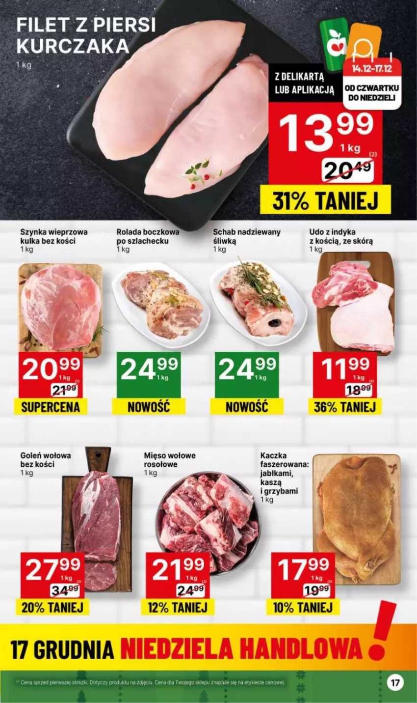 Gazetka promocyjna Delikatesy Centrum - Gazetka DC49 czw-śr - ważna 14.12 do 26.12.2023 - strona 17 - produkty: Fa, Filet z piersi kurczaka, Jabłka, Kaczka, Kurczak, Mięso, Mięso wołowe, Rolada, Szynka, Szynka wieprzowa