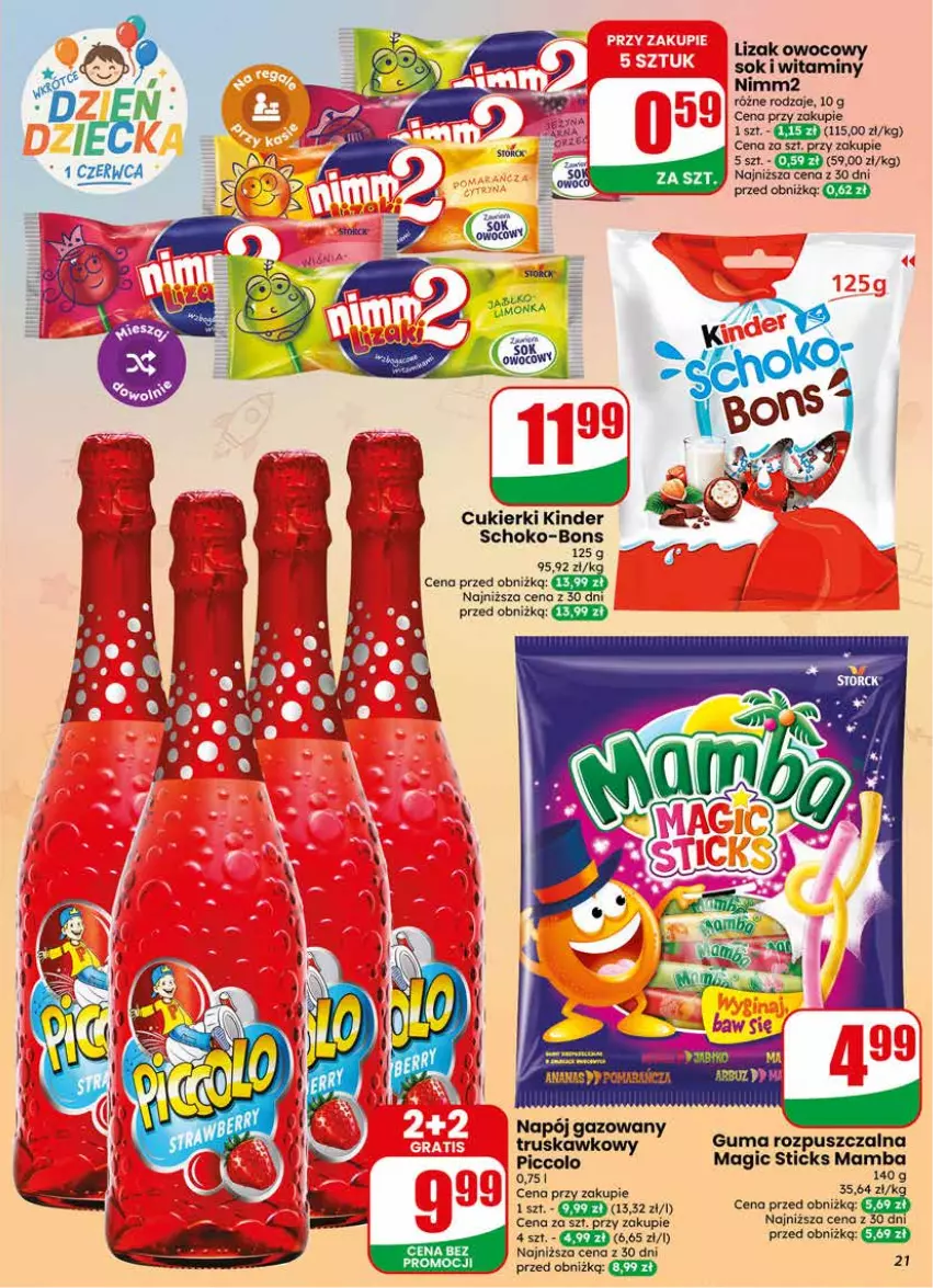 Gazetka promocyjna Dino - Gazetka 21 / 2026 - ważna 20.05 do 26.05.2026 - strona 21 - produkty: Ananas, Cukier, Cukierki, Guma rozpuszczalna, Kinder, Mamba, Napój, Napój gazowany, Nimm2, Sok