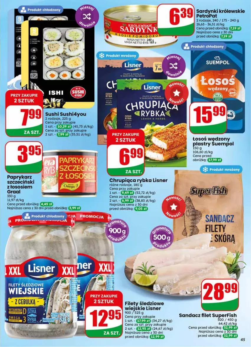 Gazetka promocyjna Dino - Gazetka 21 / 2026 - ważna 20.05 do 26.05.2026 - strona 45 - produkty: Gra, Graal, Królewski, Lisner, Piast, Por, Ryba, Sandacz, Sandacz filet, Sardynki, Sos, Suempol