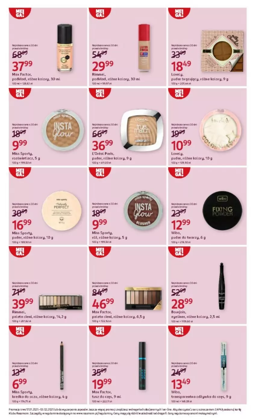 Gazetka promocyjna Rossmann - ważna 17.01 do 03.02.2025 - strona 12 - produkty: Bourjois, Fa, Kredka, Lovely, Max Factor, Miss Sporty, Odżywka, Paleta, Podkład, Por, Puder, Puder do twarzy, Rozświetlacz, Sport, Tran, Tusz, Wibo