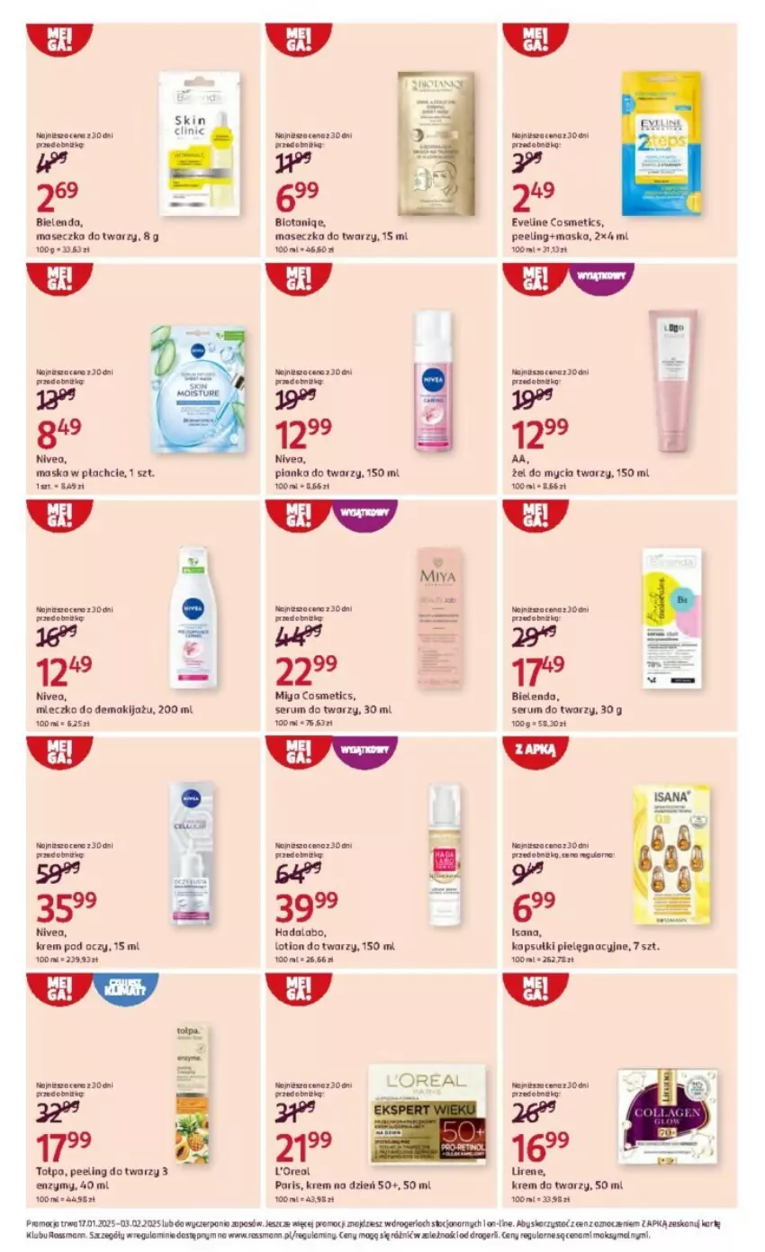 Gazetka promocyjna Rossmann - ważna 17.01 do 03.02.2025 - strona 16 - produkty: Bielenda, Clin, Eveline, Isana, Krem do twarzy, Krem na dzień, Krem pod oczy, Lirene, Makijaż, Maska, Maska w płachcie, Miecz, Miya Cosmetics, Nivea, Peeling, Rum, Ser, Serum, Serum do twarzy, Tera, Tołpa