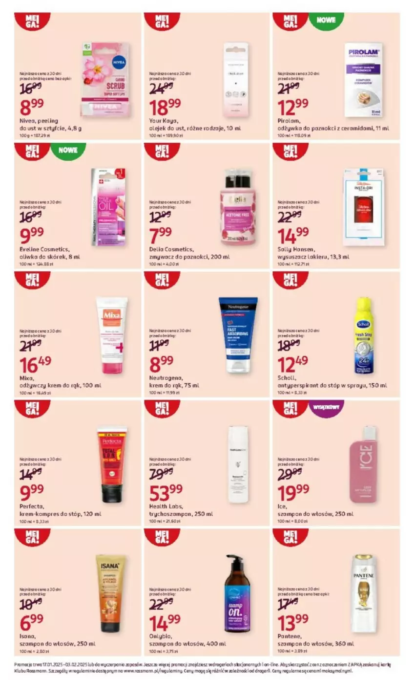 Gazetka promocyjna Rossmann - ważna 17.01 do 03.02.2025 - strona 2 - produkty: Antyperspirant, Antyperspirant do stóp, Eveline, Isana, Krem do rąk, Lakier, Mixa, Neutrogena, Nivea, Odżywka, Olej, Pantene, Peeling, Perfecta, Sally Hansen, Scholl, Szampon, Wysuszacz lakieru, Zmywacz do paznokci