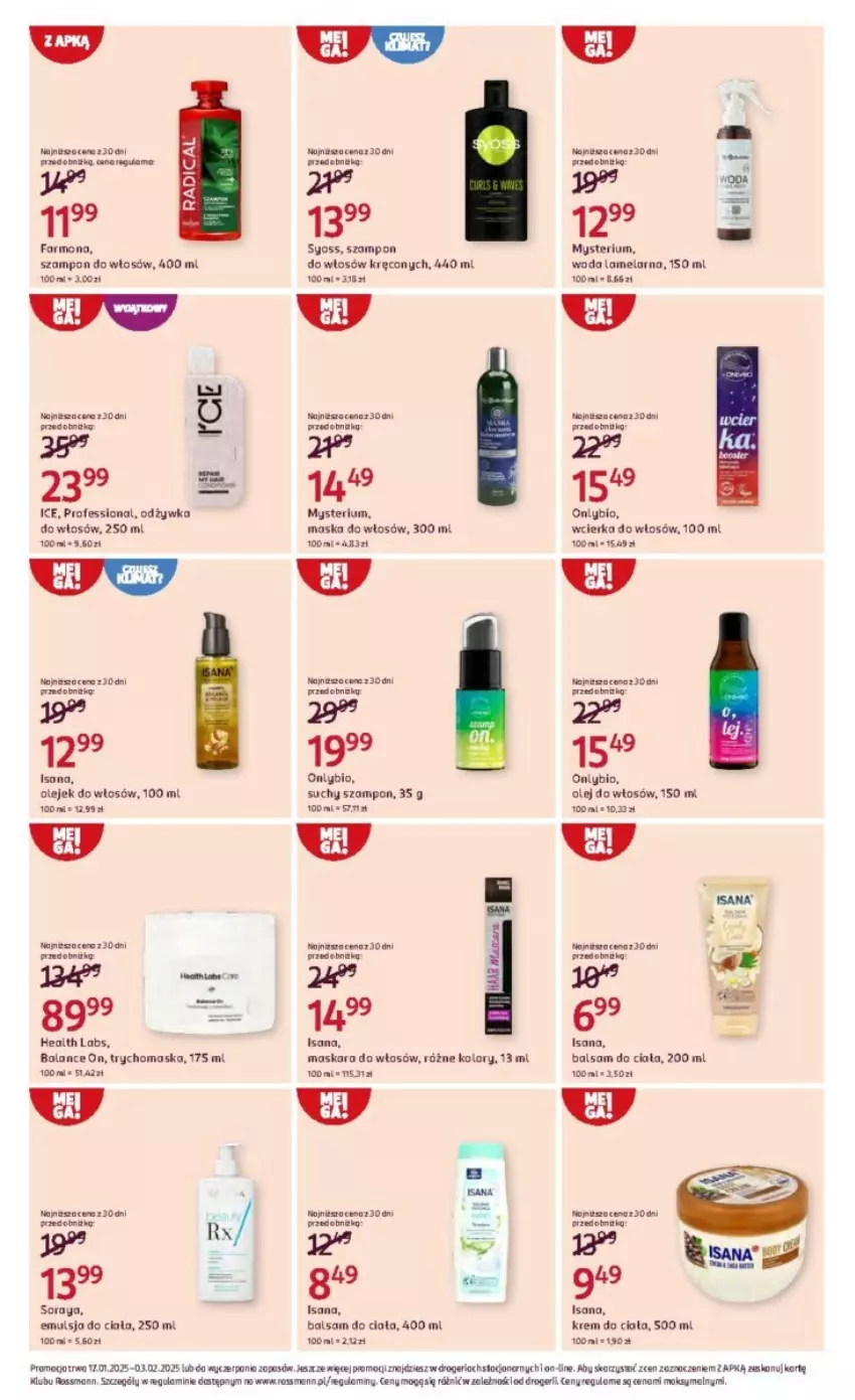 Gazetka promocyjna Rossmann - ważna 17.01 do 03.02.2025 - strona 3 - produkty: Balsam do ciała, Emulsja, Fa, Isana, Krem do ciała, Maska, Maska do włosów, Maskara, Odżywka, Olej, Rama, Suchy szampon, Syoss, Szampon, Woda