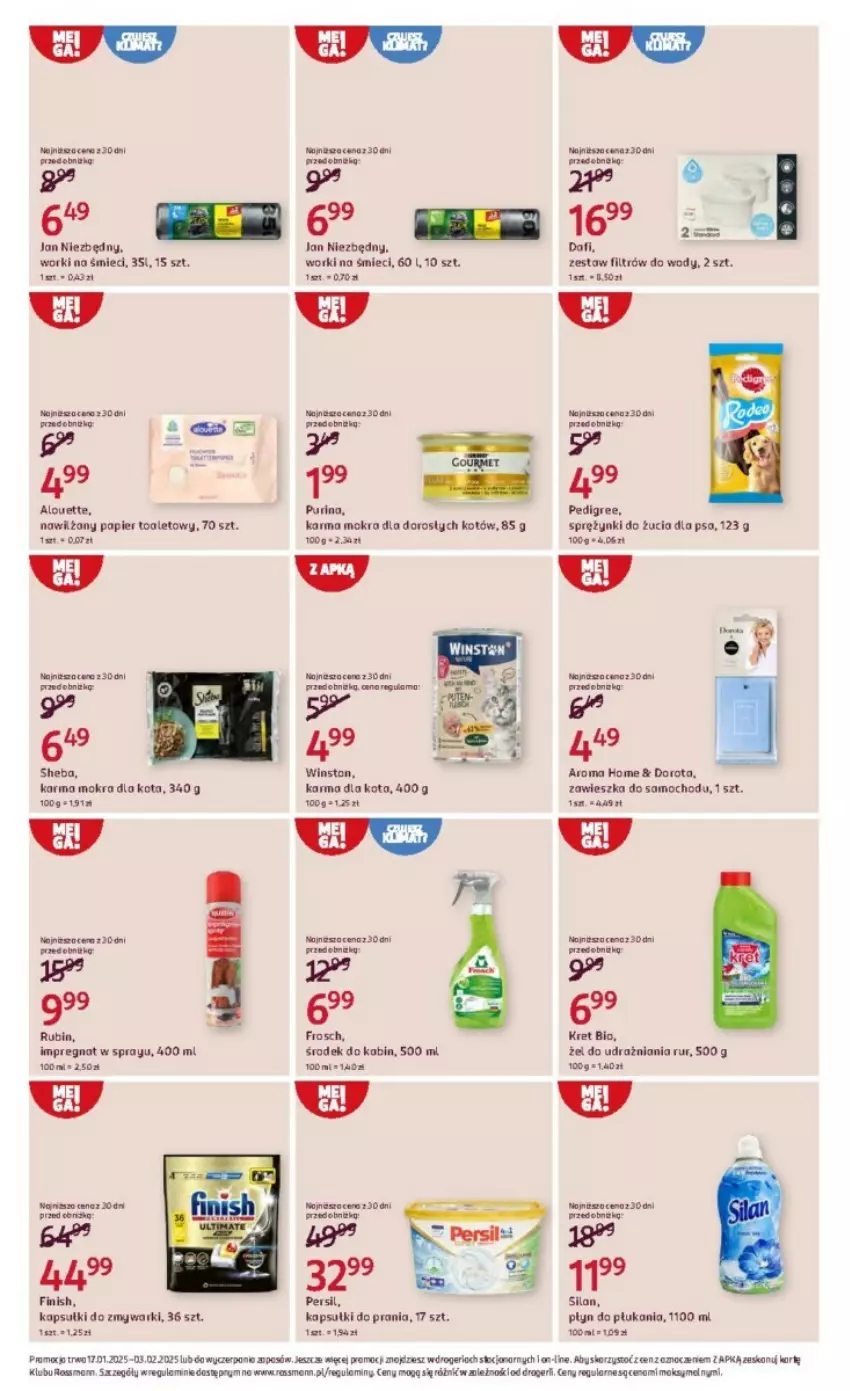 Gazetka promocyjna Rossmann - ważna 17.01 do 03.02.2025 - strona 4 - produkty: Alouette, Finish, HP, Jan Niezbędny, Kapsułki do prania, Kret, Papier, Papier toaletowy, Pedigree, Persil, Płyn do płukania, Pur, Purina, Sheba, Silan, Winston, Worki na śmiec, Worki na śmieci, Zmywarki