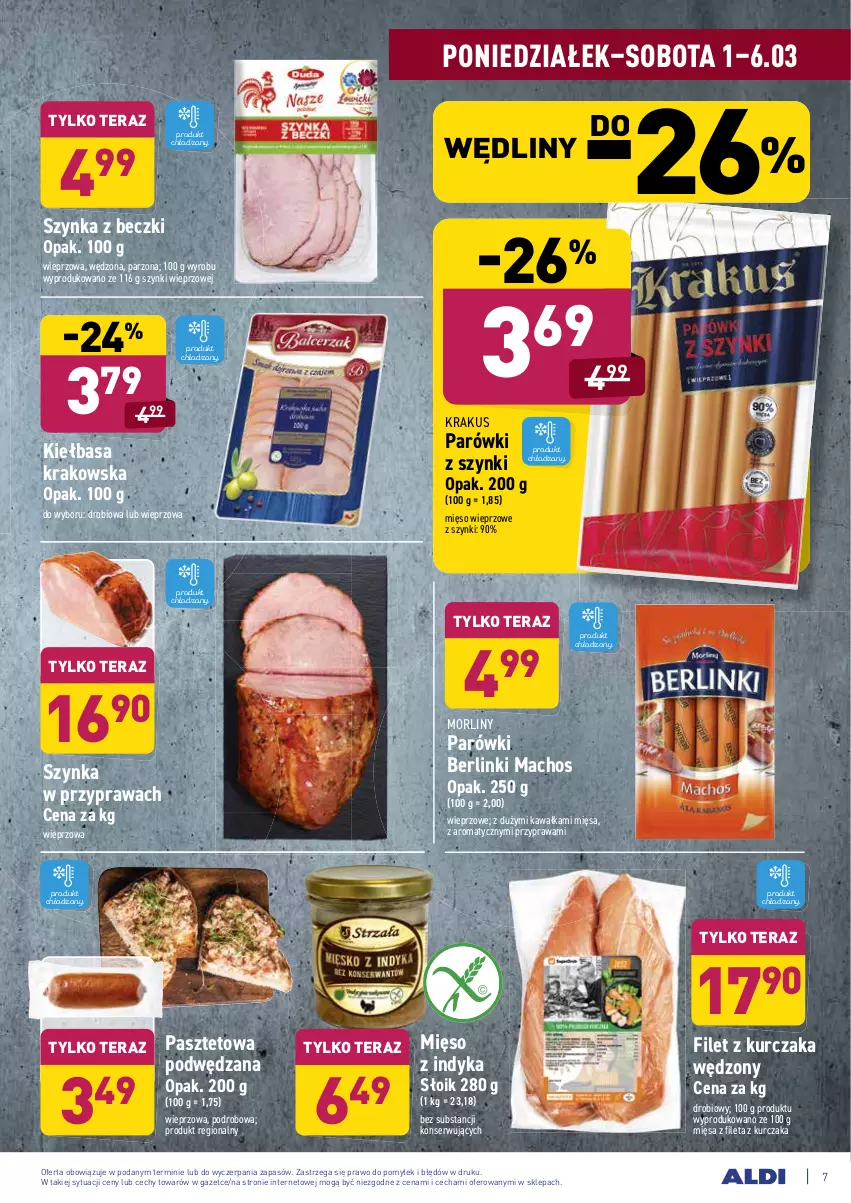 Gazetka promocyjna Aldi - ALE! CENA - ważna 01.03 do 06.03.2021 - strona 7 - produkty: Berlinki, Kawa, Kiełbasa, Kiełbasa krakowska, Krakus, Kurczak, Mięso, Mięso wieprzowe, Mięso z indyka, Morliny, Parówki, Parówki z szynki, Pasztet, Ser, Szynka, Szynka z beczki, Tera