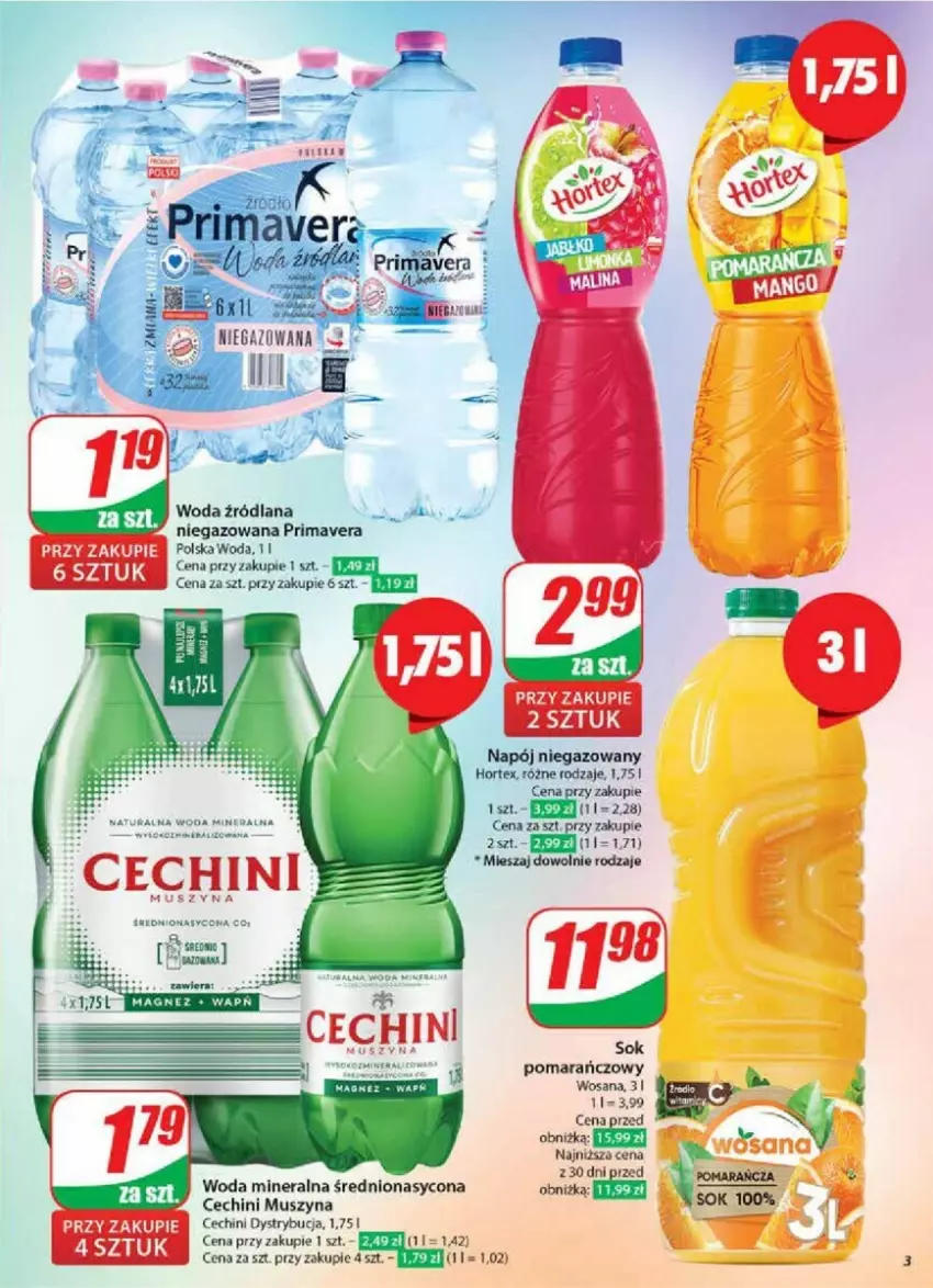 Gazetka promocyjna Dino - ważna 08.01 do 14.01.2025 - strona 23 - produkty: Hortex, Mus, Napój, Napój niegazowany, Prima, Primavera, Sok, Sok pomarańczowy, Szyna, Woda, Woda mineralna, Wosana