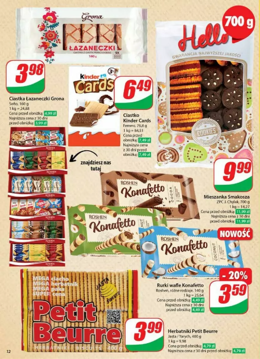 Gazetka promocyjna Dino - ważna 08.01 do 14.01.2025 - strona 4 - produkty: Ciastka, Ferrero, Herbatniki, Herbatniki Petit Beurre, J. Chylak, Kinder, Kosz, Mieszanka smakosza, Rurki, Wafle