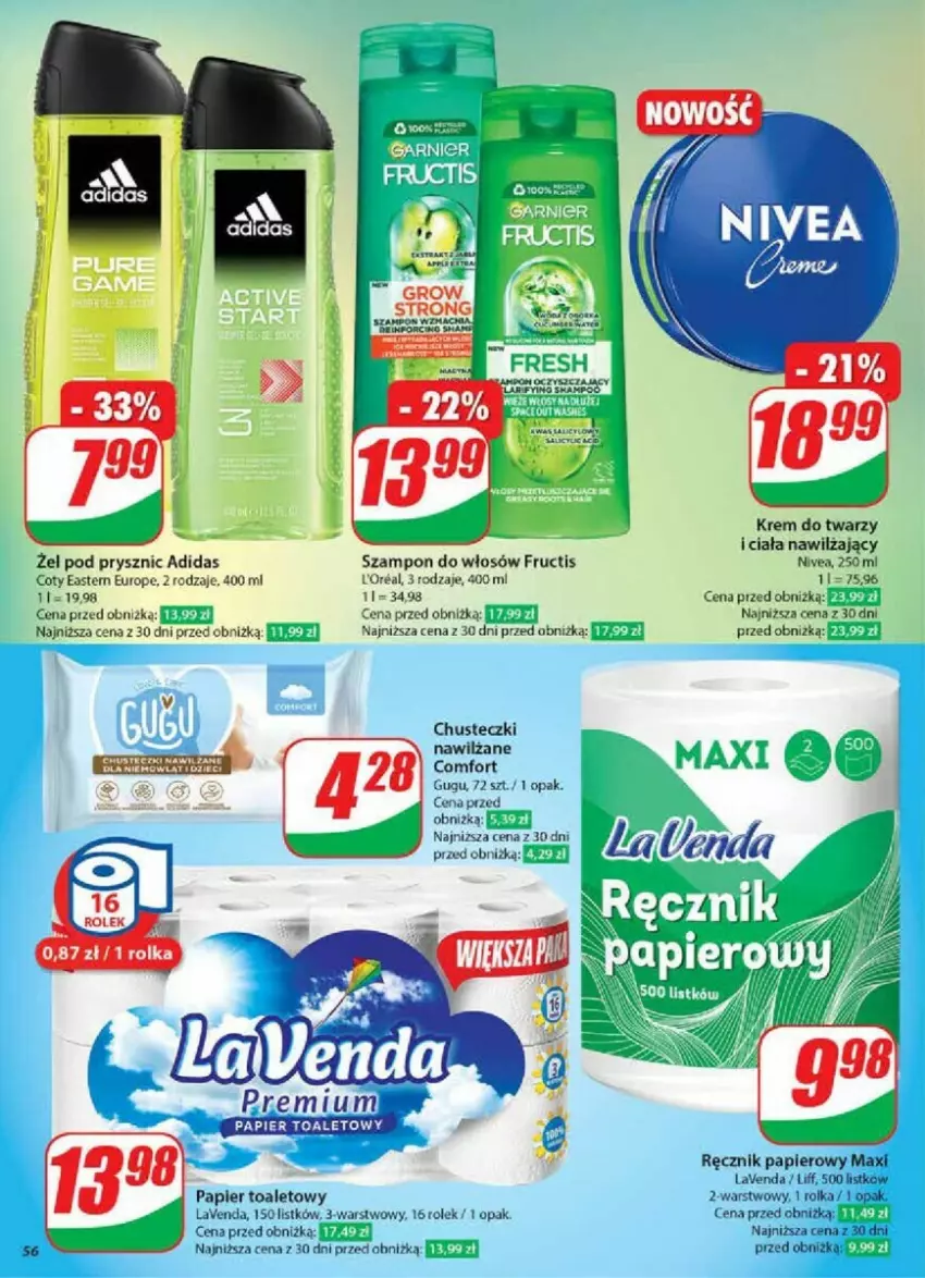 Gazetka promocyjna Dino - ważna 08.01 do 14.01.2025 - strona 52 - produkty: Adidas, Chusteczki, Fructis, Krem do twarzy, Nivea, Papier, Papier toaletowy, Ręcznik, Szampon