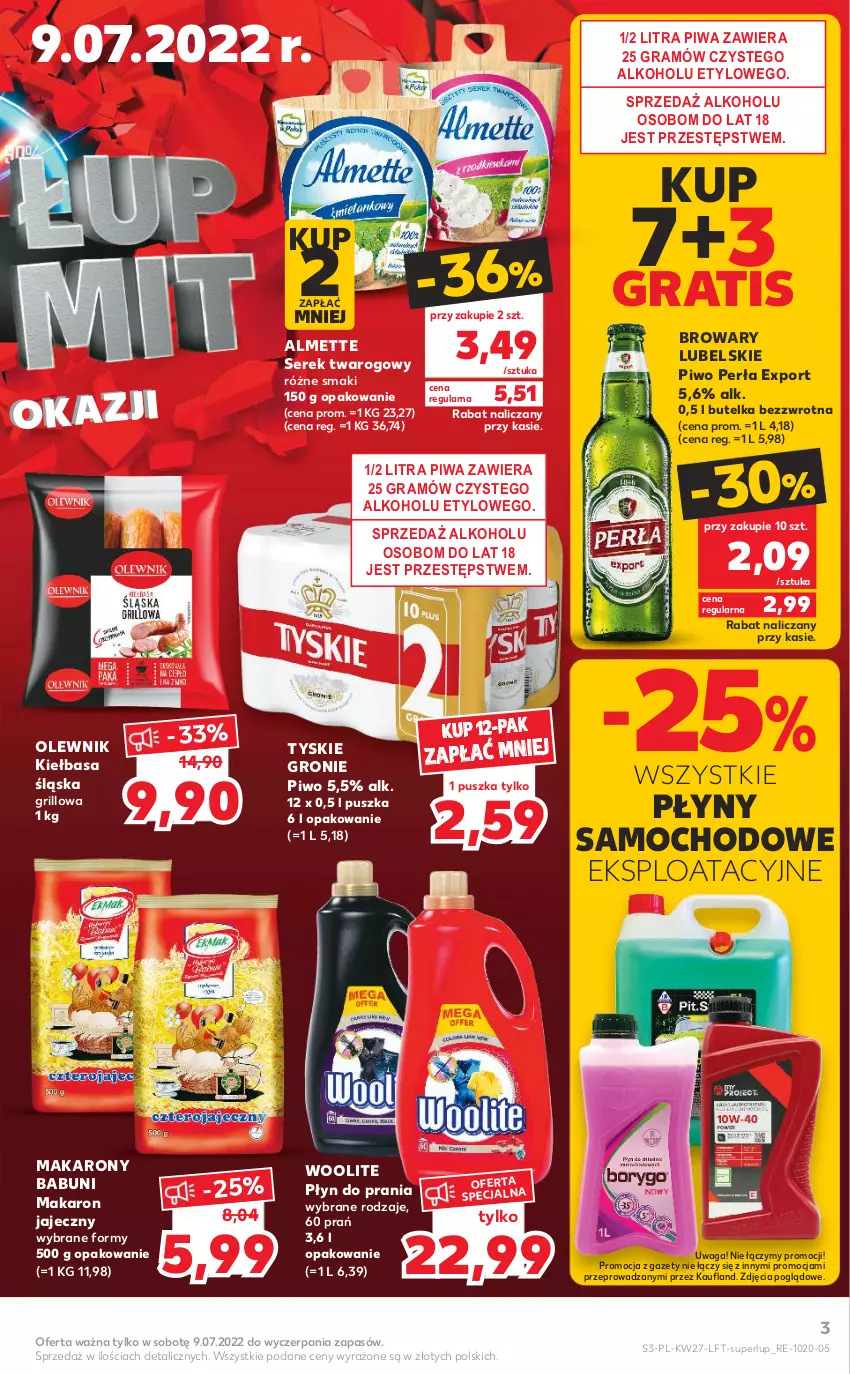 Gazetka promocyjna Kaufland - OFERTA TYGODNIA - ważna 07.07 do 13.07.2022 - strona 3 - produkty: Almette, Babuni, Gra, Grill, Kiełbasa, Kiełbasa śląska, Makaron, Olewnik, Perła, Piwa, Piwo, Płyn do prania, Por, Ser, Serek, Serek twarogowy, Tyskie, Waga, Woolite