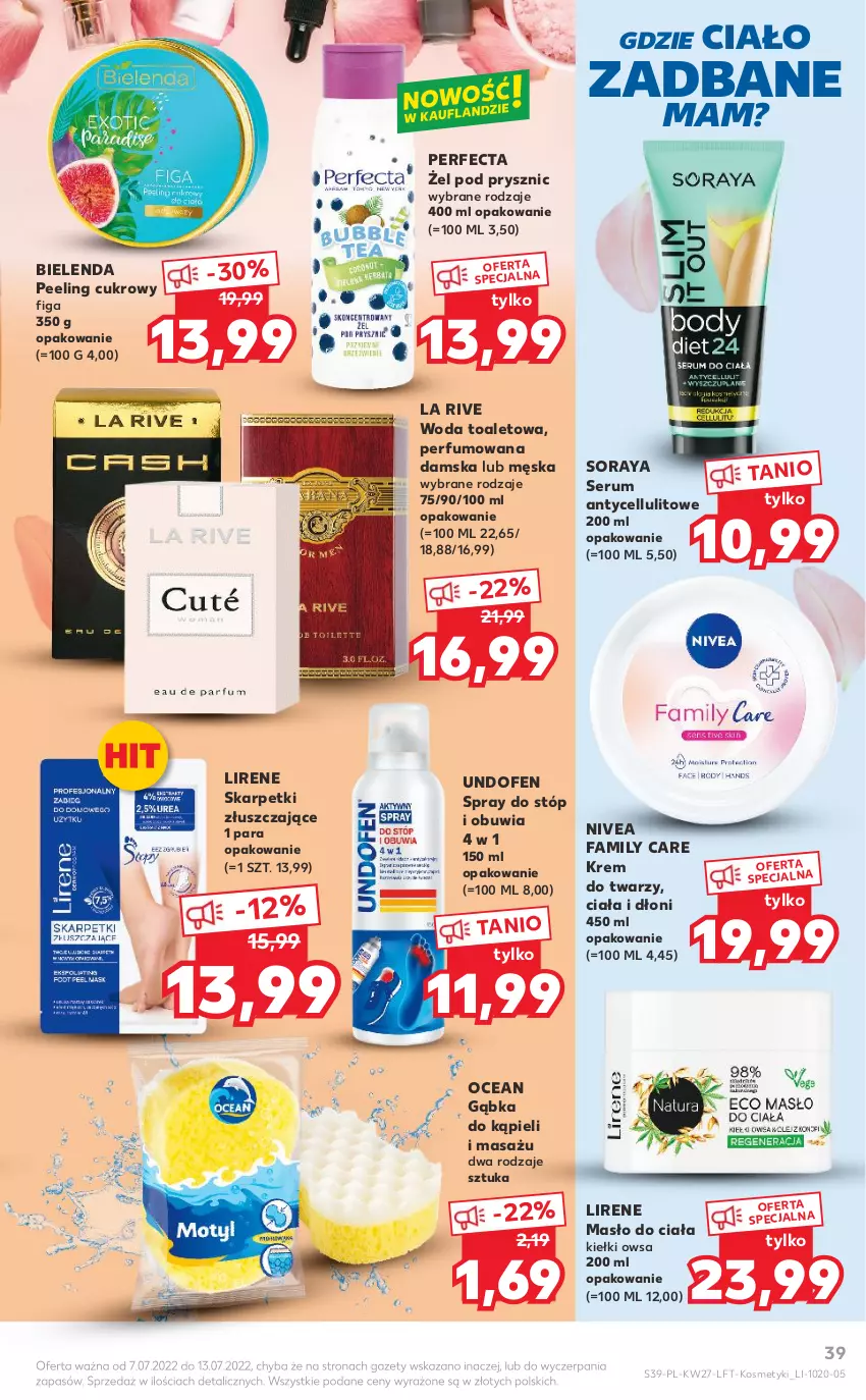 Gazetka promocyjna Kaufland - OFERTA TYGODNIA - ważna 07.07 do 13.07.2022 - strona 39 - produkty: Bielenda, Fa, Karp, Kiełki, Krem do twarzy, La Rive, Lirene, Masło, Masło do ciała, Nivea, Peeling, Perfecta, Perfum, Rum, Ser, Serum, Skarpetki, Undofen, Woda, Woda toaletowa