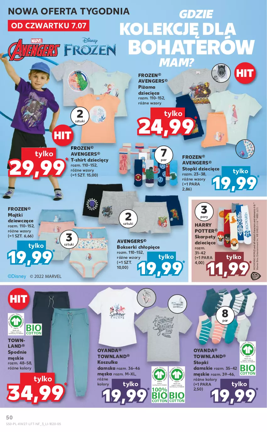 Gazetka promocyjna Kaufland - OFERTA TYGODNIA - ważna 07.07 do 13.07.2022 - strona 50 - produkty: Avengers, Bokserki, Dzieci, Frozen, Harry Potter, Karp, Kosz, Koszulka, Majtki, Piżama, Ser, Spodnie, T-shirt, Top