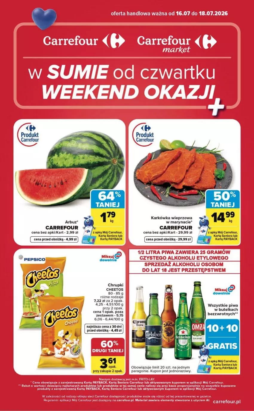 Gazetka promocyjna Carrefour - Gazetka Carrefour, Market w SUMIE od czwartku WEEKEND OKAZJI - ważna 16.07 do 18.07.2026 - strona 1 - produkty: Arbuz, Cheetos, Chrupki, Fa, Gra, Karkówka wieprzowa, Pepsi, Piwa, Ser, Veet