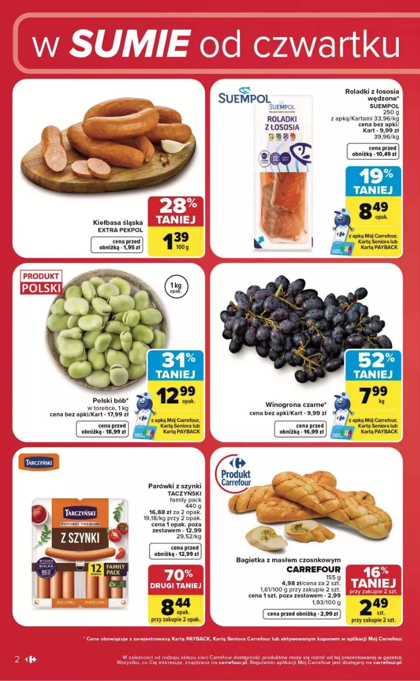 Gazetka promocyjna Carrefour - Gazetka Carrefour, Market w SUMIE od czwartku WEEKEND OKAZJI - ważna 16.07 do 18.07.2026 - strona 2 - produkty: Bagietka, Fa, Kiełbasa, Kiełbasa śląska, Parówki, Parówki z szynki, Pekpol, Sos, Suempol, Tarczyński, Wino, Winogrona