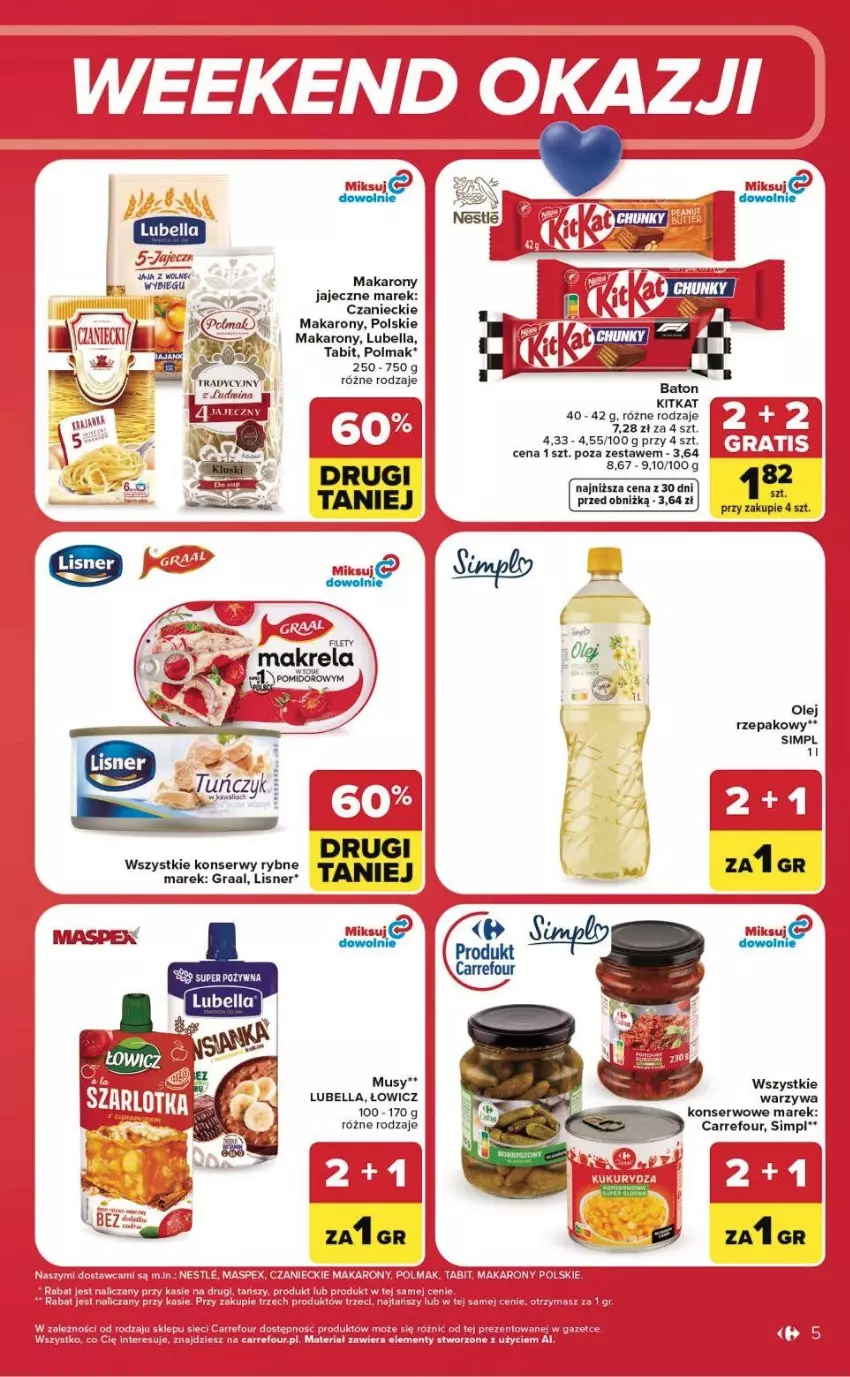 Gazetka promocyjna Carrefour - Gazetka Carrefour, Market w SUMIE od czwartku WEEKEND OKAZJI - ważna 16.07 do 18.07.2026 - strona 5 - produkty: Baton, Bell, Bella, Gra, Graal, Lubella, Makaron, Mus, Olej, Olma, Ser, Warzywa, Woda