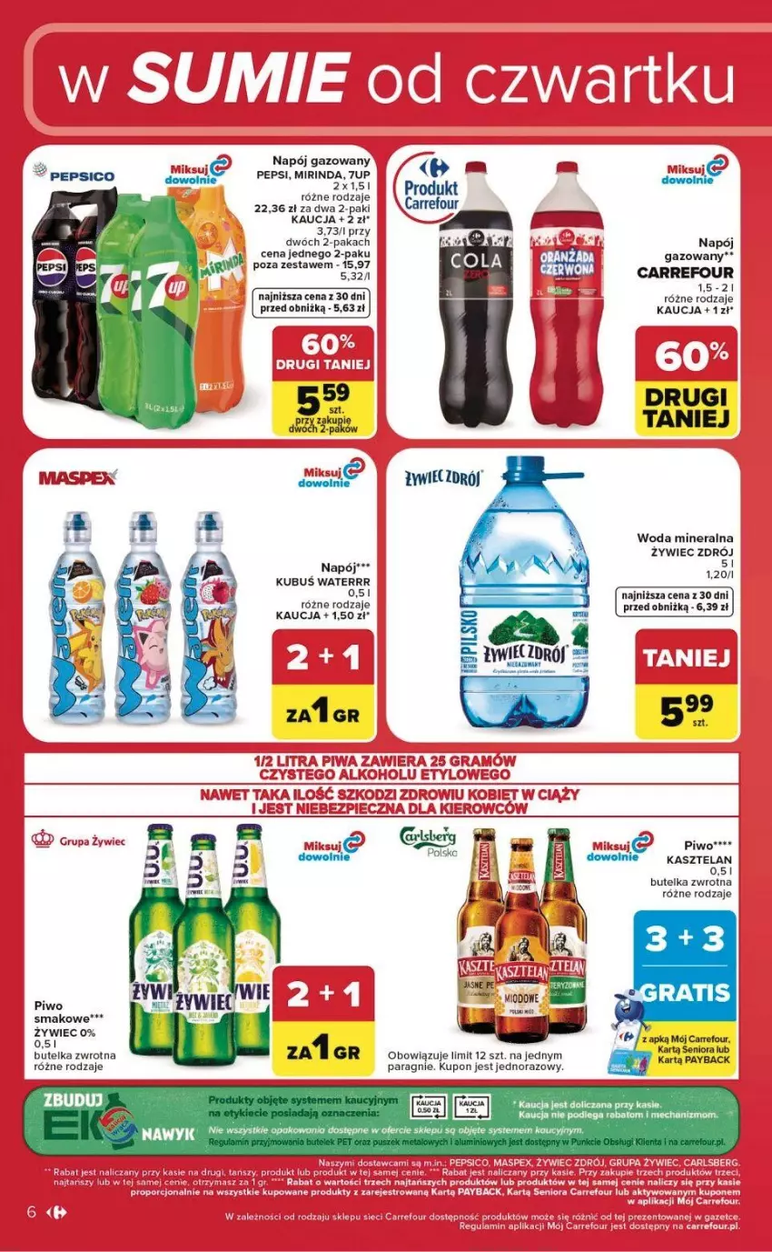 Gazetka promocyjna Carrefour - Gazetka Carrefour, Market w SUMIE od czwartku WEEKEND OKAZJI - ważna 16.07 do 18.07.2026 - strona 6 - produkty: Ba!, Fa, Jaja, Kasztelan, Mirinda, Napój, Napój gazowany, Pepsi, Piwo, Por, Woda, Woda mineralna