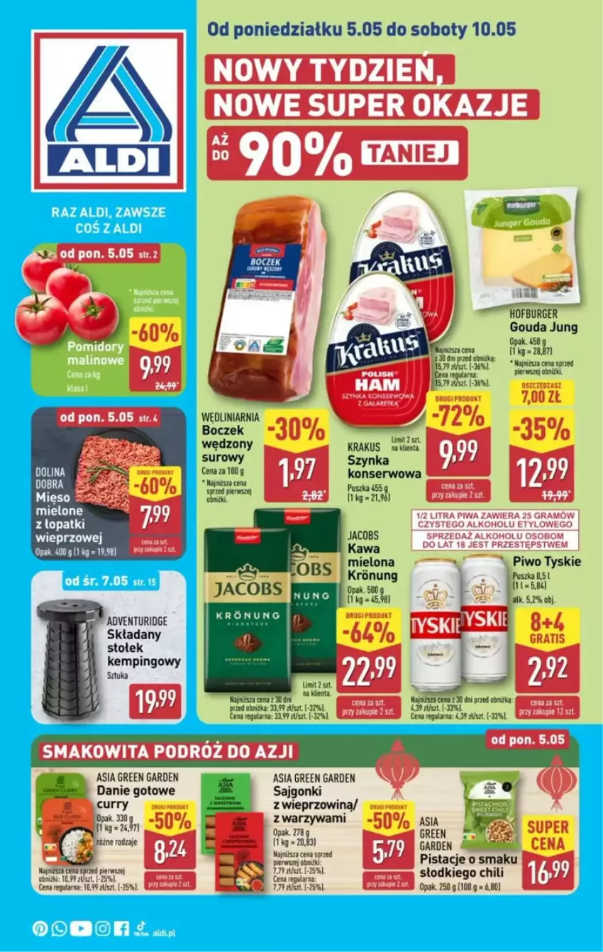 Gazetka promocyjna Aldi - ważna 05.05 do 10.05.2025 - strona 1 - produkty: Boczek, Burger, Danie gotowe, Fa, Gouda, Hofburger, Jacobs, Kawa, Krakus, Mięso, Pistacje, Piwo, Sajgonki, Ser, Stołek, Szynka, Tyskie, Warzywa, Wieprzowina