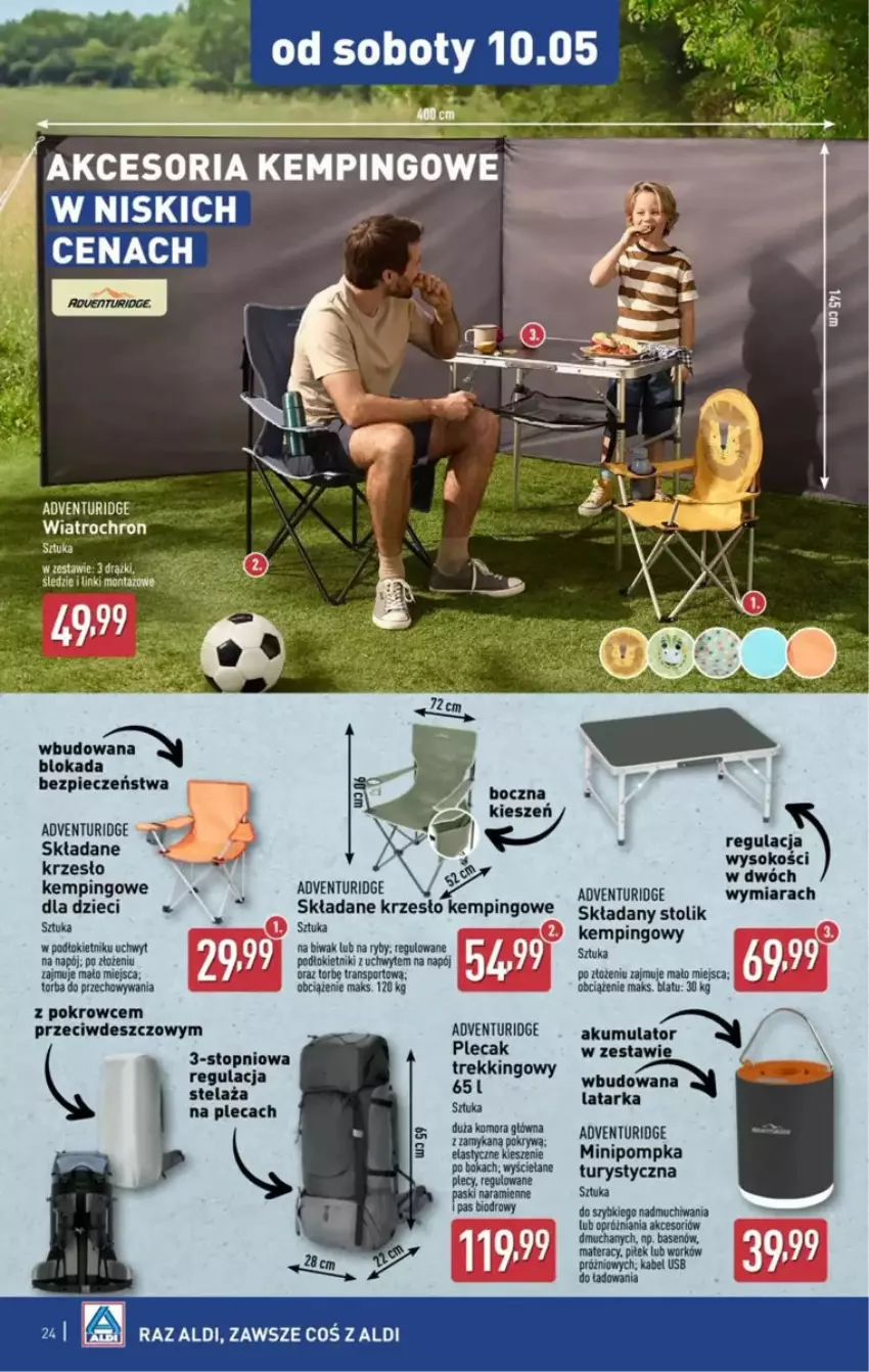 Gazetka promocyjna Aldi - ważna 05.05 do 10.05.2025 - strona 17 - produkty: Akumulator, Dzieci, Kabel USB, Krzesło, Latarka, Materac, Napój, Piec, Plecak, Pompka, Por, Sok, Sport, Stolik, Tarka, Tera, Top, Torba, Tran