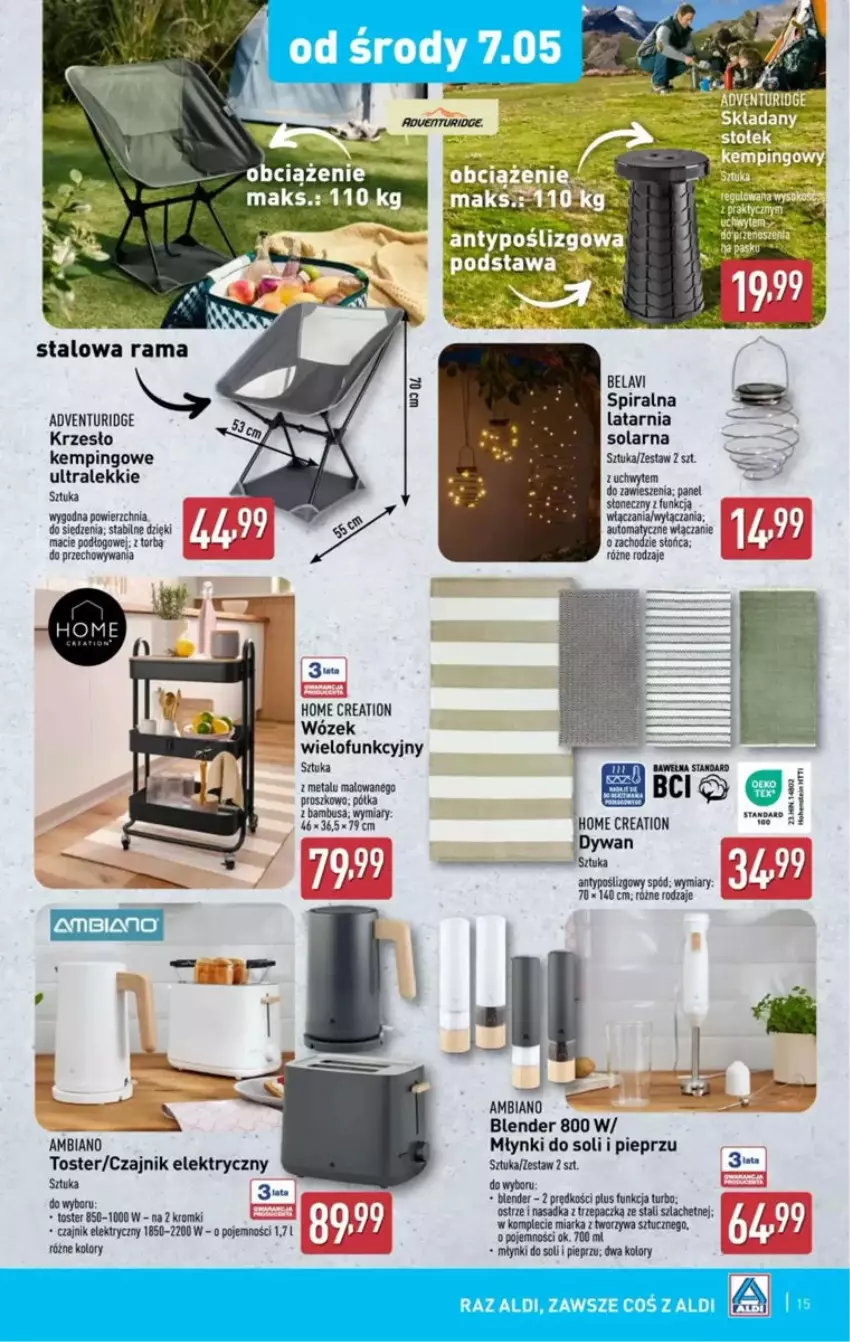 Gazetka promocyjna Aldi - ważna 05.05 do 10.05.2025 - strona 7 - produkty: Blender, Czajnik, Czajnik elektryczny, Dywan, Krzesło, Latarnia, Miarka, Pieprz, Półka, Rama, Toster, Wózek