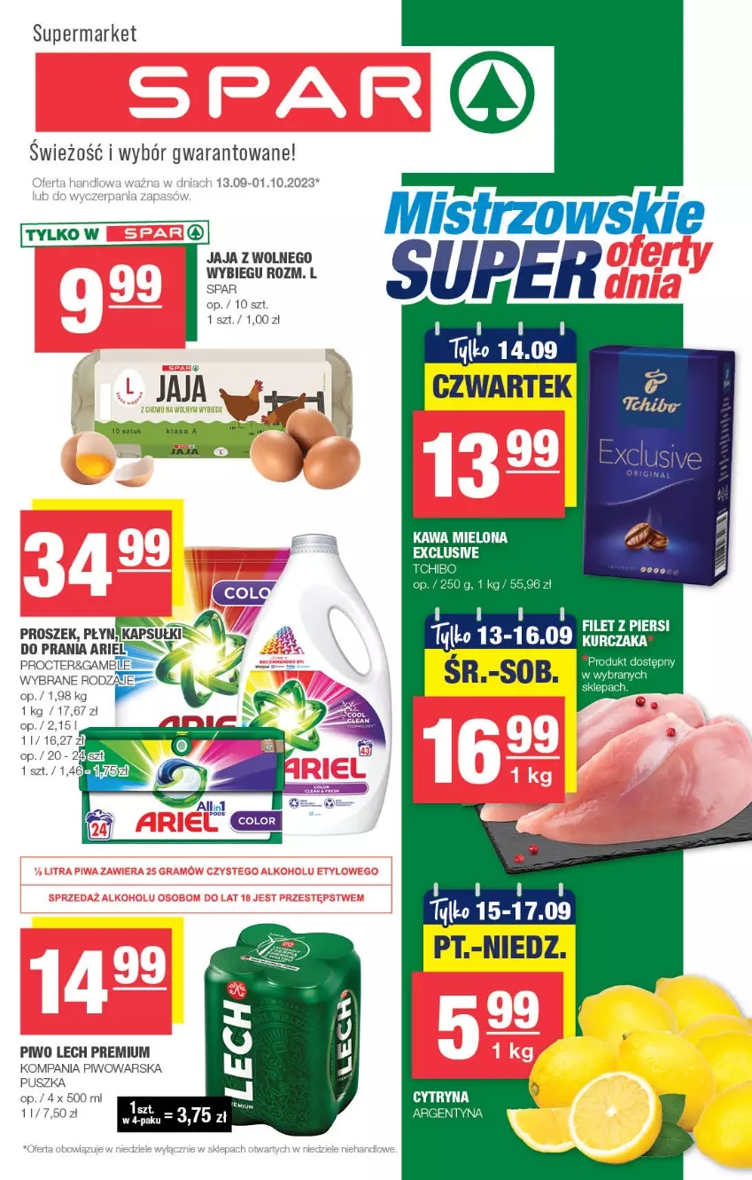 Gazetka promocyjna Spar - Spar - ważna 10.09 do 20.09.2023 - strona 1 - produkty: Filet z piersi kurczaka, Jaja, Jaja z wolnego wybiegu, Kawa, Kawa mielona, Kurczak, Lech Premium, Piwo, Tchibo