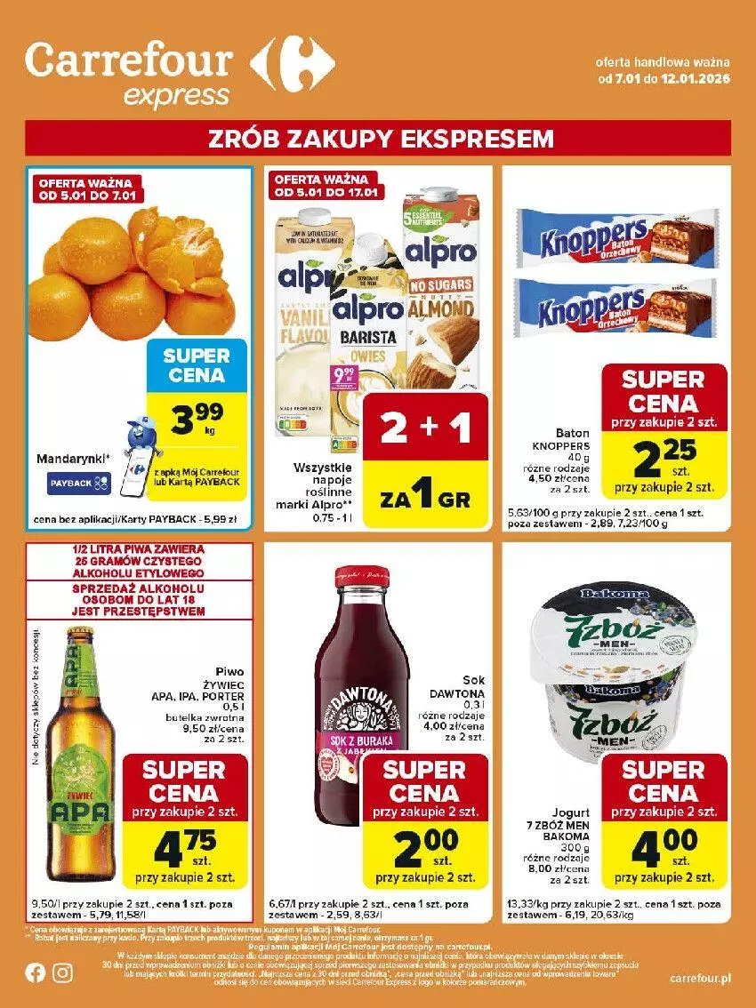 Gazetka promocyjna Carrefour - Gazetka Express - ważna 07.01 do 12.01.2026 - strona 2 - produkty: Alpro, Baton, Dawtona, Fa, Gra, HP, Jogurt, Knoppers, Mandarynki, Napoje, Piwa, Piwo, Por, Sok