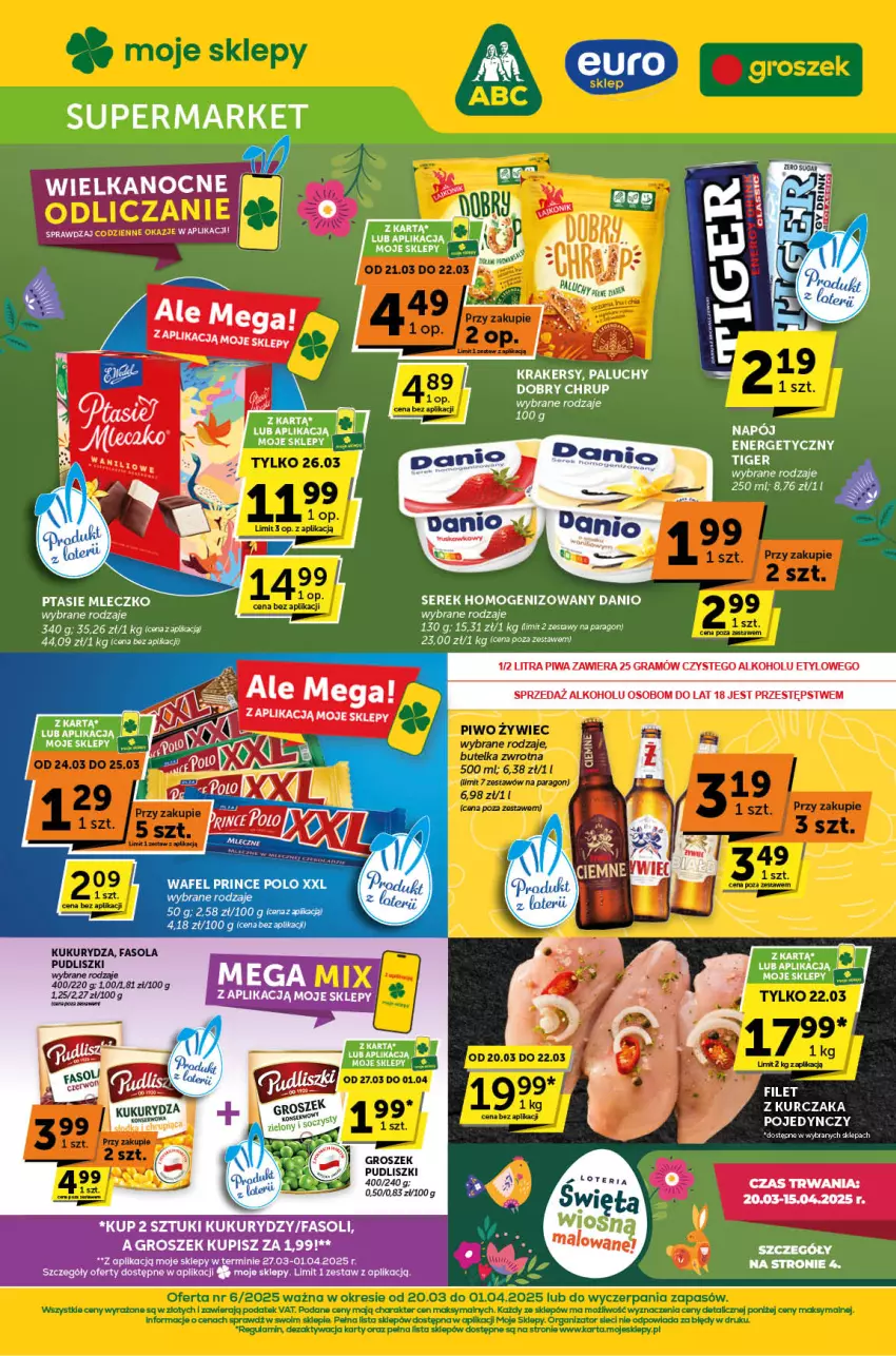 Gazetka promocyjna ABC - ważna 20.03 do 01.04.2025 - strona 1 - produkty: Danio, Fa, Fasola, Gra, Groszek, Krakersy, Kukurydza, Kurczak, Mleczko, Napój, Napój energetyczny, Piwa, Ptasie mleczko, Pudliszki, Ser, Serek, Serek homogenizowany, Tiger