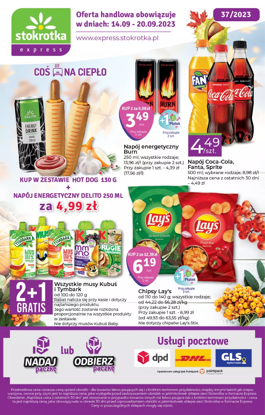 Gazetka promocyjna Stokrotka - Stokrotka Express - ważna 14.09 do 20.09.2023 - strona 1 - produkty: Chipsy, Coca-Cola, Fa, Fanta, Hot dog, Kubuś, Mięso, Mus, Napój, Napój energetyczny, Por, Sprite, Tymbark