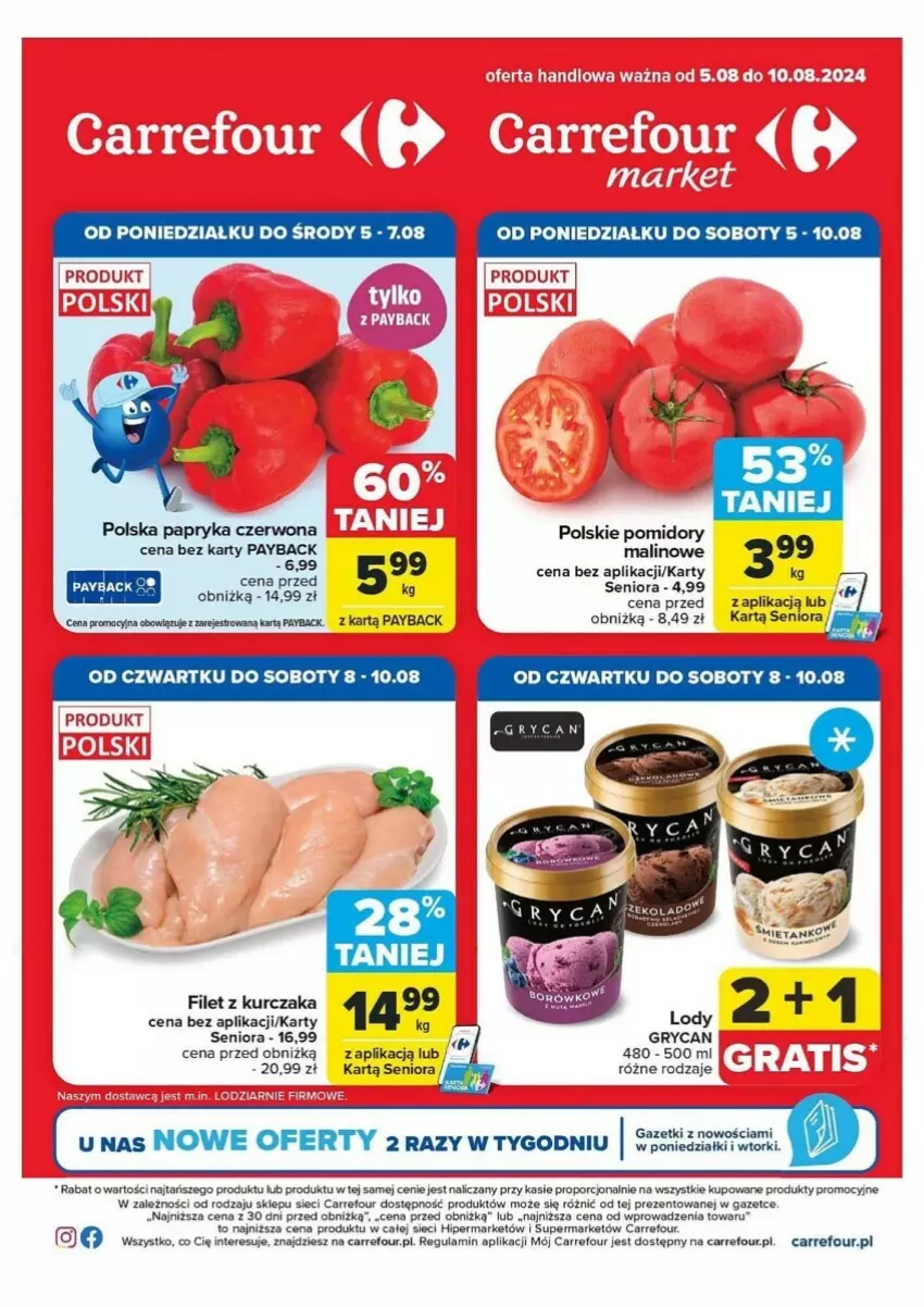 Gazetka promocyjna Carrefour - ważna 05.08 do 10.08.2024 - strona 1 - produkty: Fa, Gry, Kurczak, Papryka, Papryka czerwona, Pomidory, Por