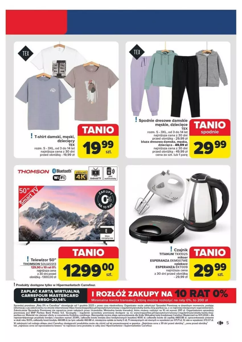 Gazetka promocyjna Carrefour - ważna 05.08 do 10.08.2024 - strona 14 - produkty: Bluza, Bluza dresowa, Czajnik, Dres, Dzieci, Gra, Kosz, Mikser, Por, Ser, Sok, Spodnie, Spodnie dresowe, T-shirt, Telewizor, Thomson, Top, Tran