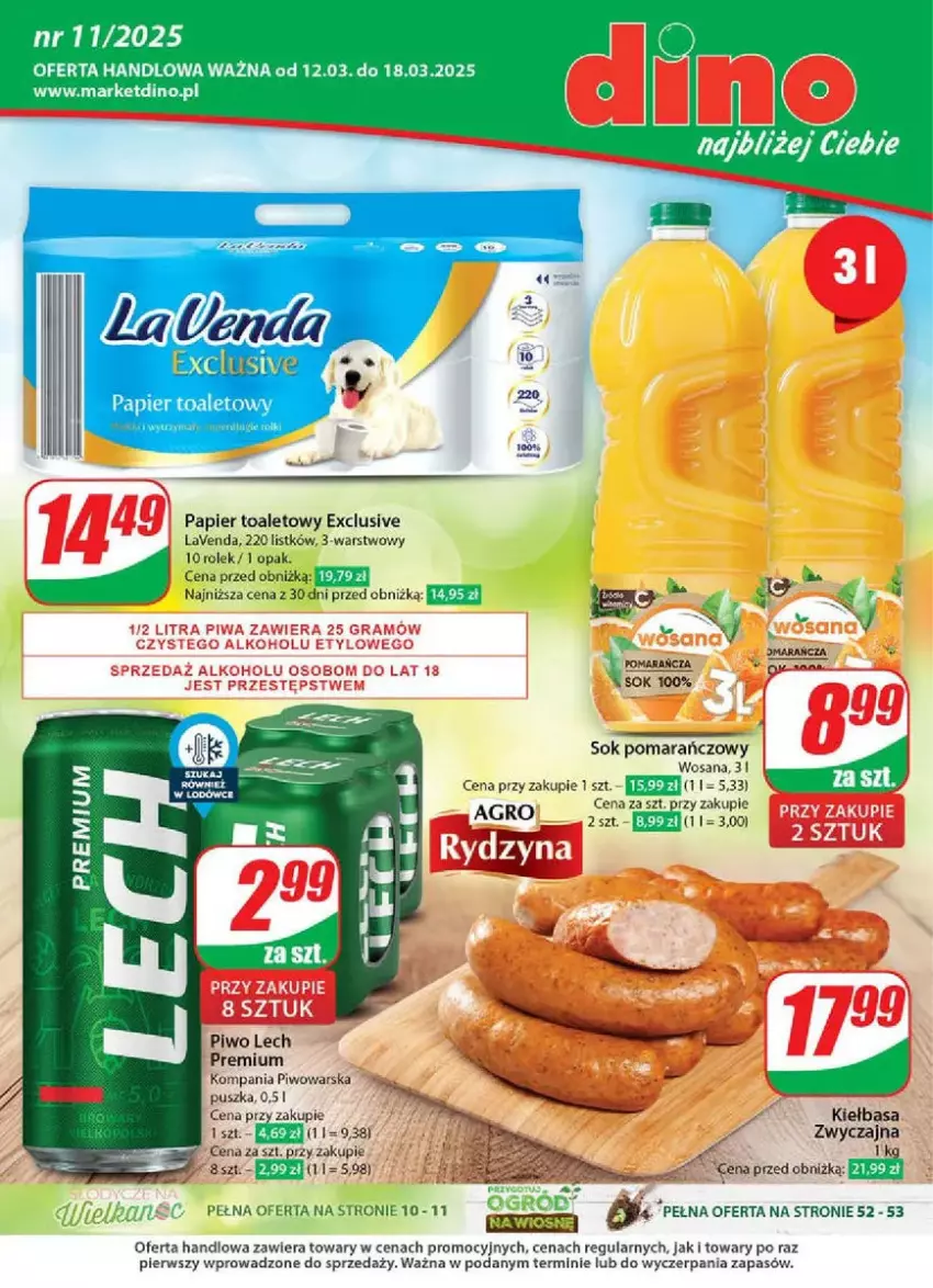 Gazetka promocyjna Dino - ważna 12.03 do 18.03.2025 - strona 1 - produkty: Gra, Kiełbasa, Lech Premium, Papier, Papier toaletowy, Piwa, Piwo, Sok, Sok pomarańczowy, Wosana