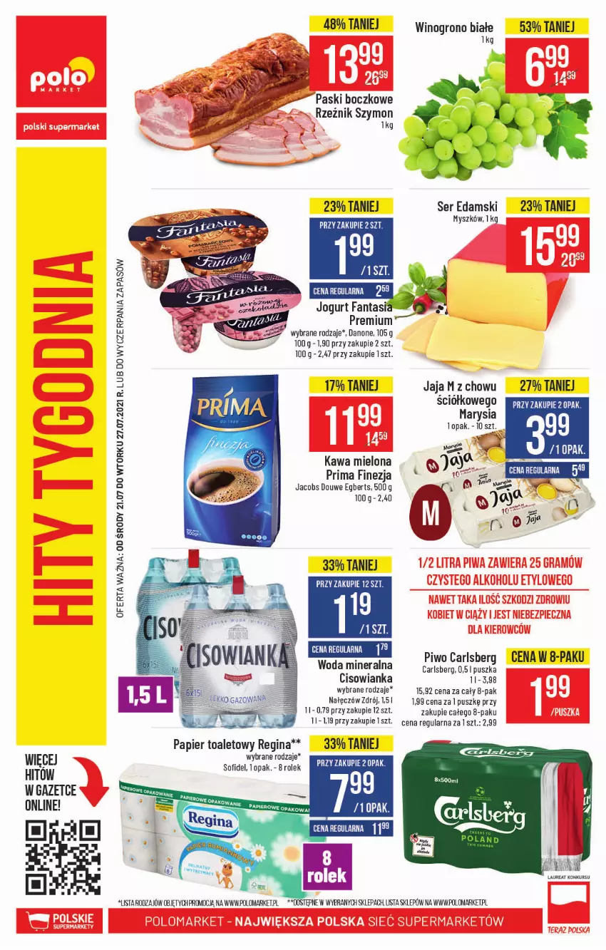 Gazetka promocyjna PoloMarket - Gazetka pomocyjna - ważna 21.07 do 27.07.2021 - strona 58 - produkty: Carlsberg, Cisowianka, Danone, Edam, Gin, Jacobs, Jaja, Kawa, Kawa mielona, Mysz, Papier, Papier toaletowy, Piwo, Prima, Ser, Wino, Woda, Woda mineralna