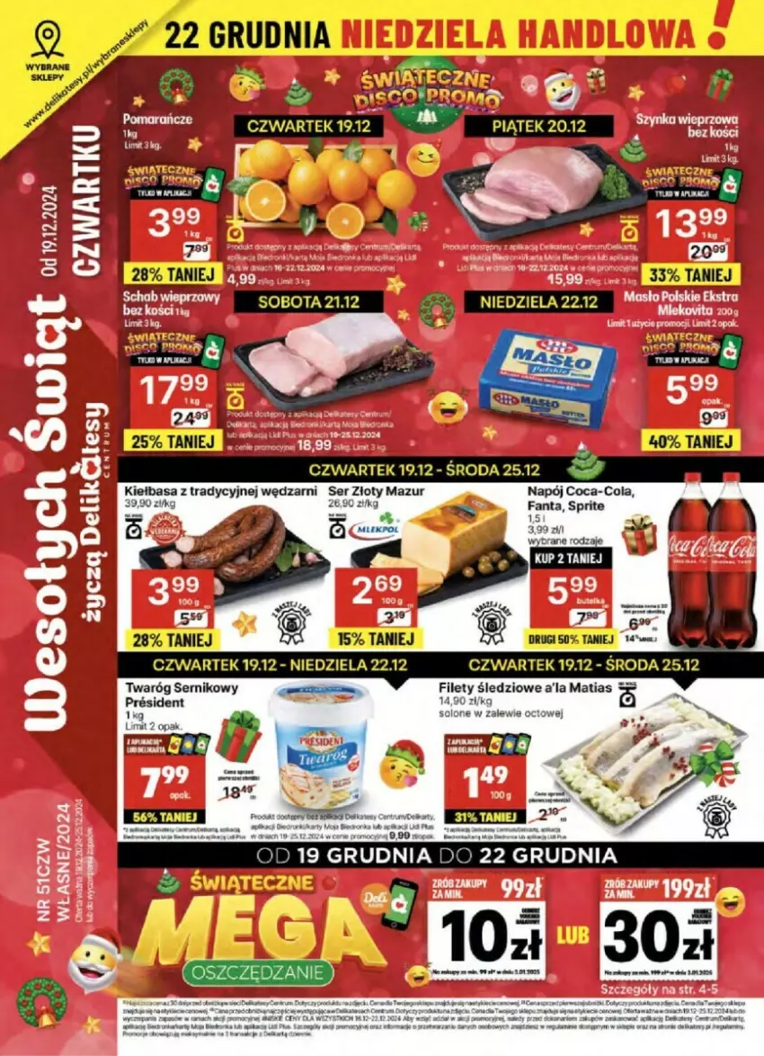 Gazetka promocyjna Delikatesy Centrum - ważna 19.12 do 25.12.2024 - strona 1 - produkty: Coca-Cola, Fa, Fanta, Kiełbasa, Napój, Ser, Sprite, Złoty Mazur