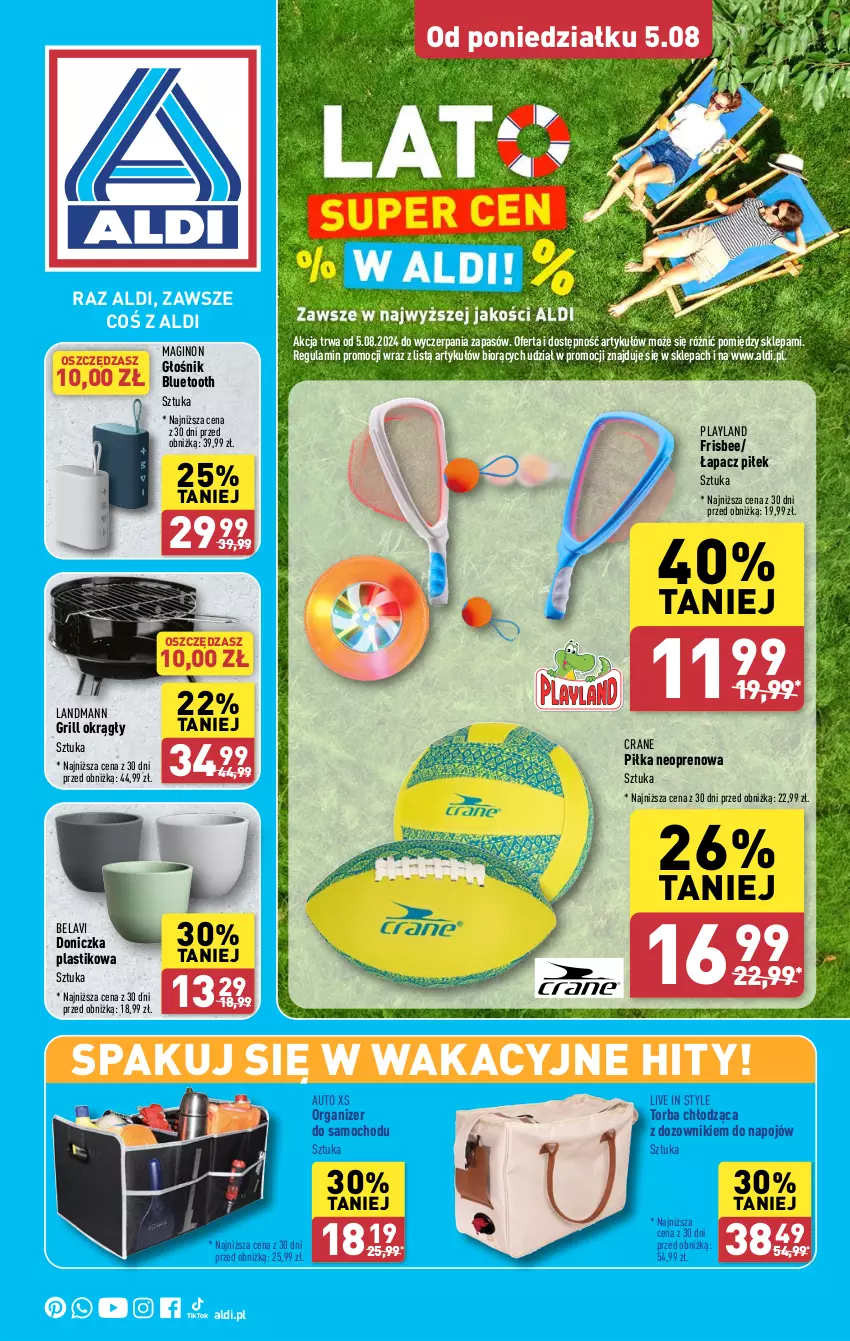 Gazetka promocyjna Aldi - Lato SUPER CEN - ważna 05.08 do 17.08.2024 - strona 1 - produkty: Dozownik, Gin, Głośnik, Głośnik bluetooth, Grill, Organizer, Torba